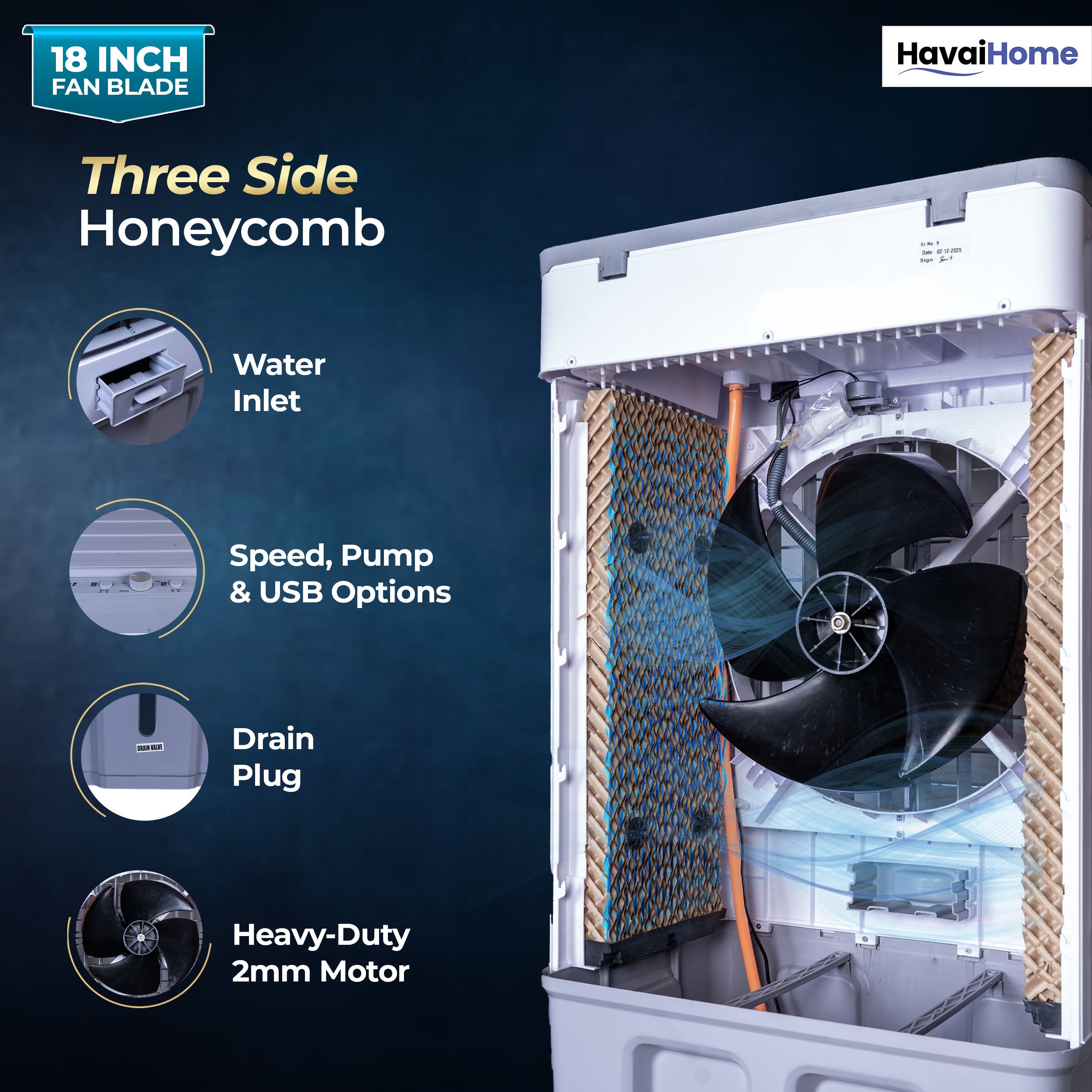 HAVAI Thunder 18 Desert Cooler | 18” Heavy-Duty Aluminium Fan Blade | 110 Dia 35mm Powerful Motor | Auto Swing | 3-Side Honeycomb Pads | 20 Ft Air Throw | 100L Tank | 1-Year Motor Warranty + Post-Warranty Support | White & Grey