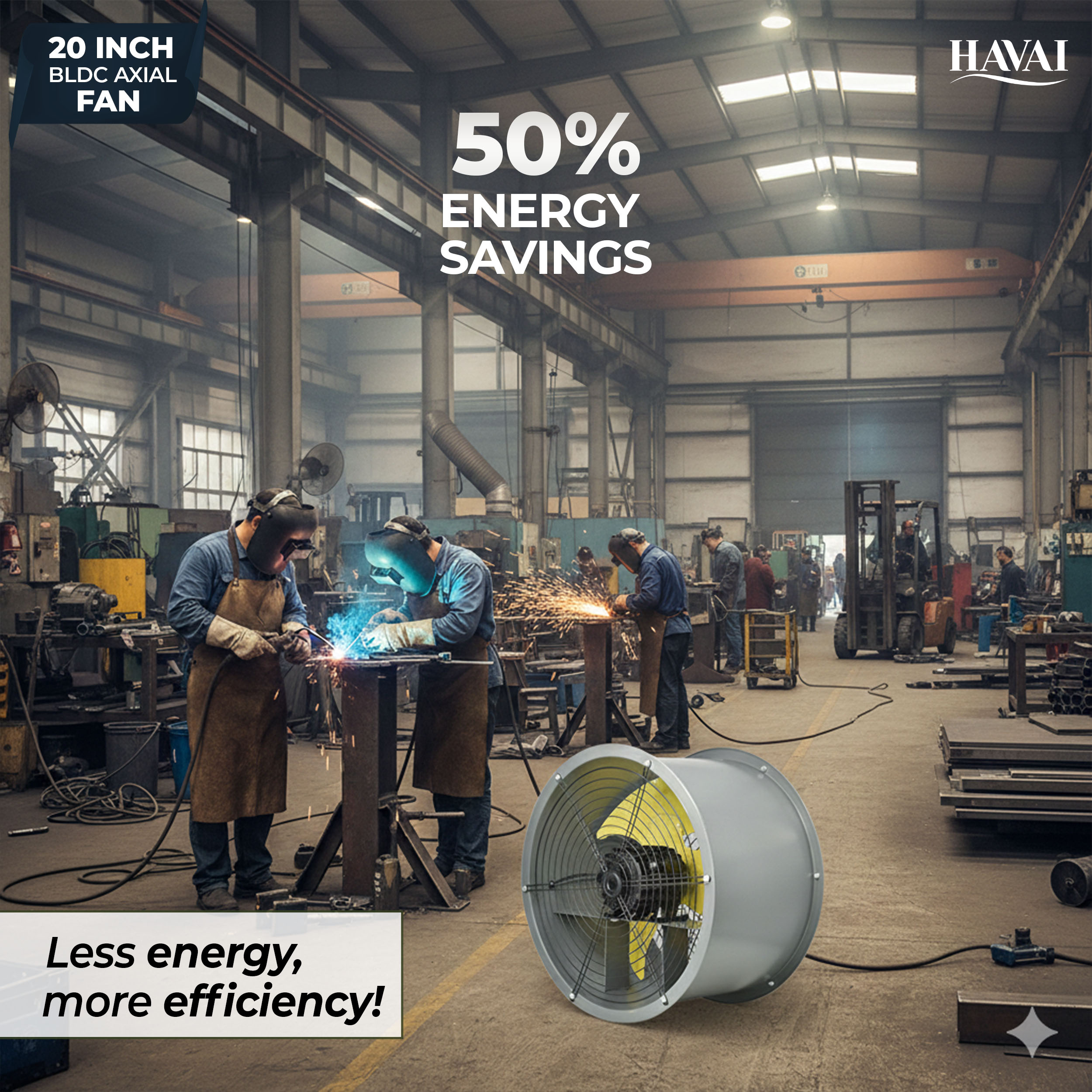 Havai 20-Inch Heavy Duty BLDC Axial Fan | Maintenance-Free BLDC Motor | 4-Leaf 2mm Aluminium Blades | 9-Speed Digital Controller | 600–13,000 m³/hr | 35W–350W | 2-Year Warranty