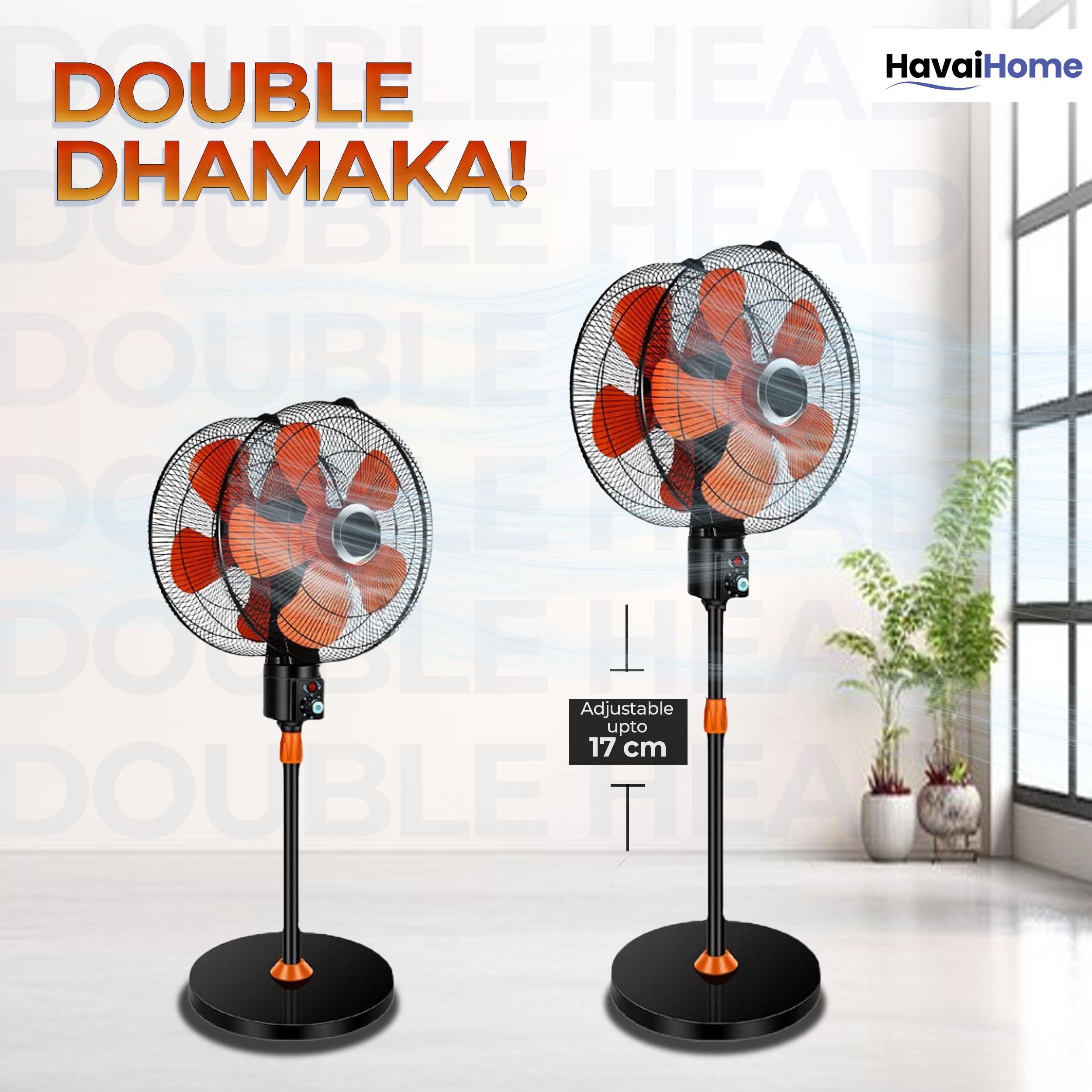DOUBLE HEAD 360 DEGREE FAN |18 INCH|REMOTE CONTROL, DOUBLE HEADED, 360 Degree Coverage, Pedestal | 1 Year Warranty | 3 SPEED CONTROL | ORANGE AND BLACK