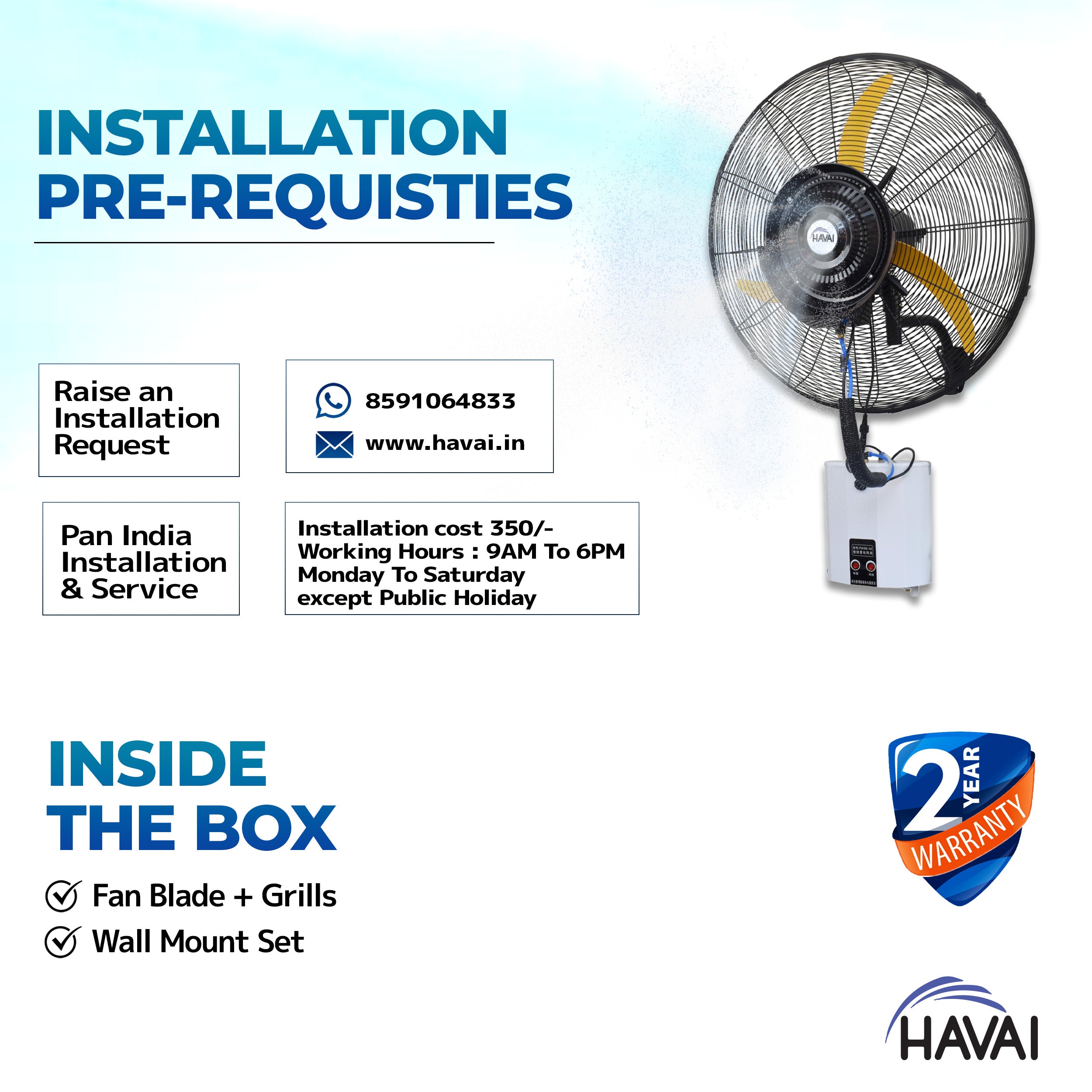 HAVAI 26" BLDC Wall-Mount Mist Fan – 450 Sq. Ft. Coverage, 12L Tank, 1300-9000 M³/Hr Airflow, 4-Speed Control, Yellow & Black, 2-Year Warranty
