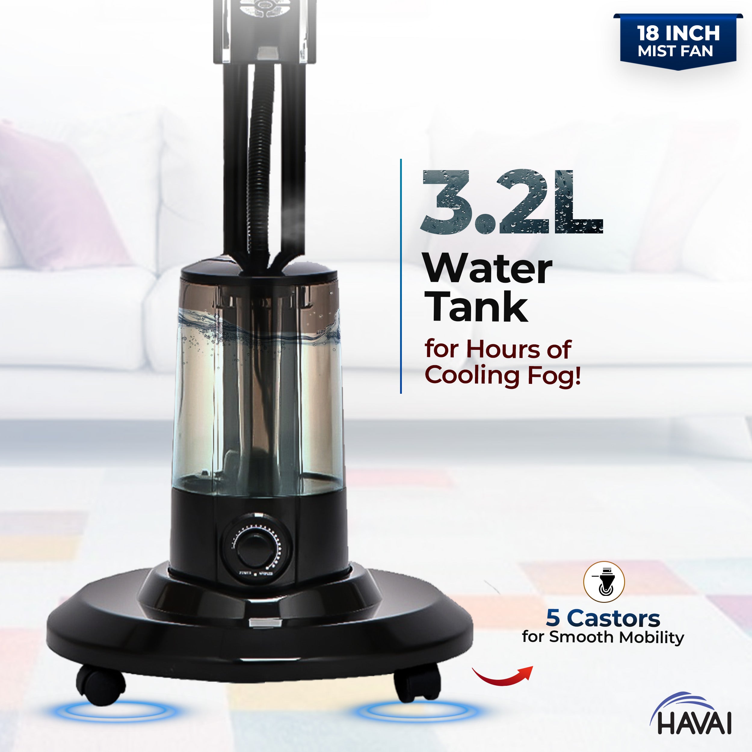 HAVAI RED 18" BLDC Mist Pedestal Fan – High-Speed, Remote & Touch Control, 3.2L Tank, 80W Power, 350 Sq Ft Coverage, Easy Install, Black (Copy)