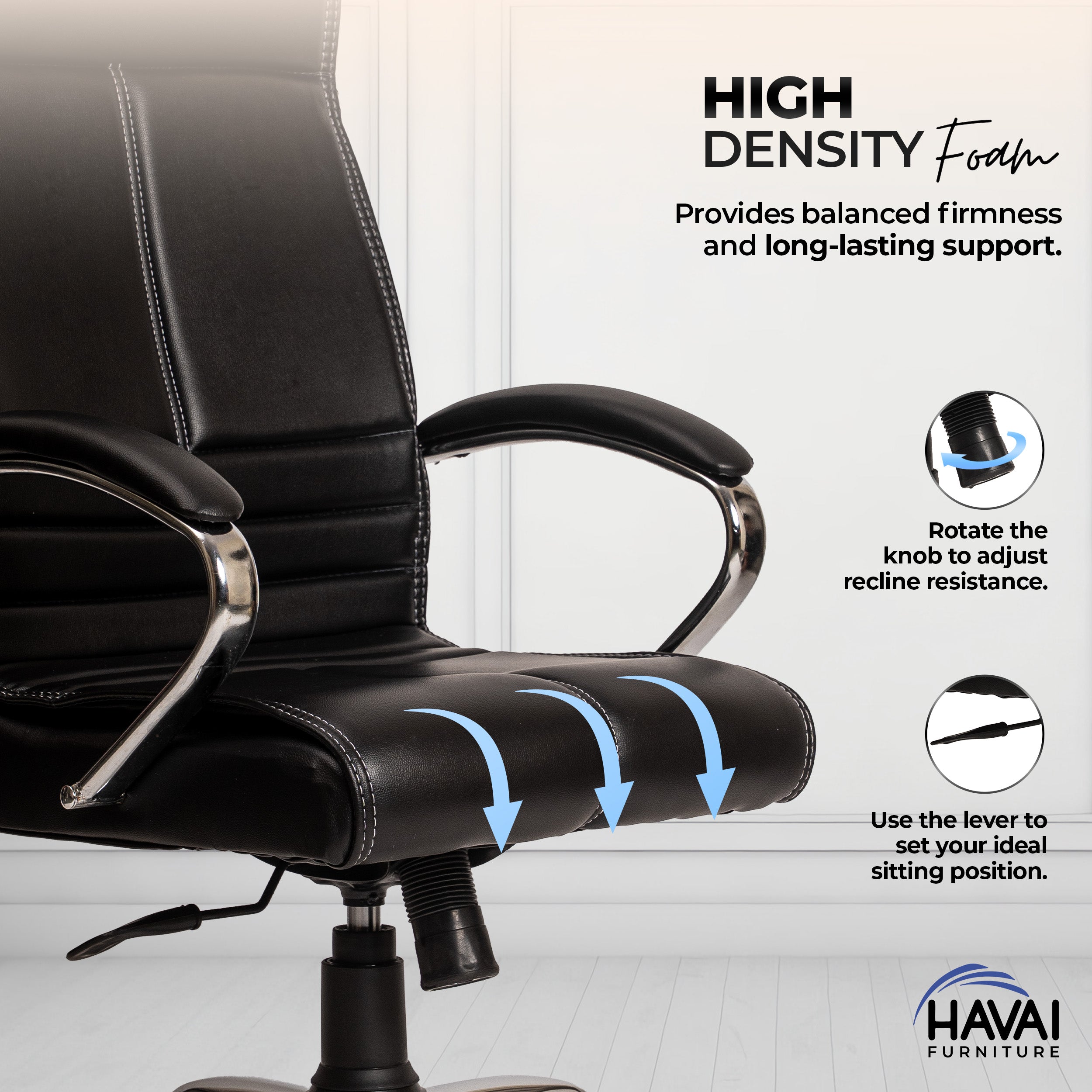 HAVAI Nova High Back Office Chair | Premium Leather | Ergonomic Executive Chair with Single Lock Tilt Mechanism | Chrome Steel Base & Arms | Class 4 Gaslift | 50mm Casters | High-Density Cushioned Seat & Back (Black)