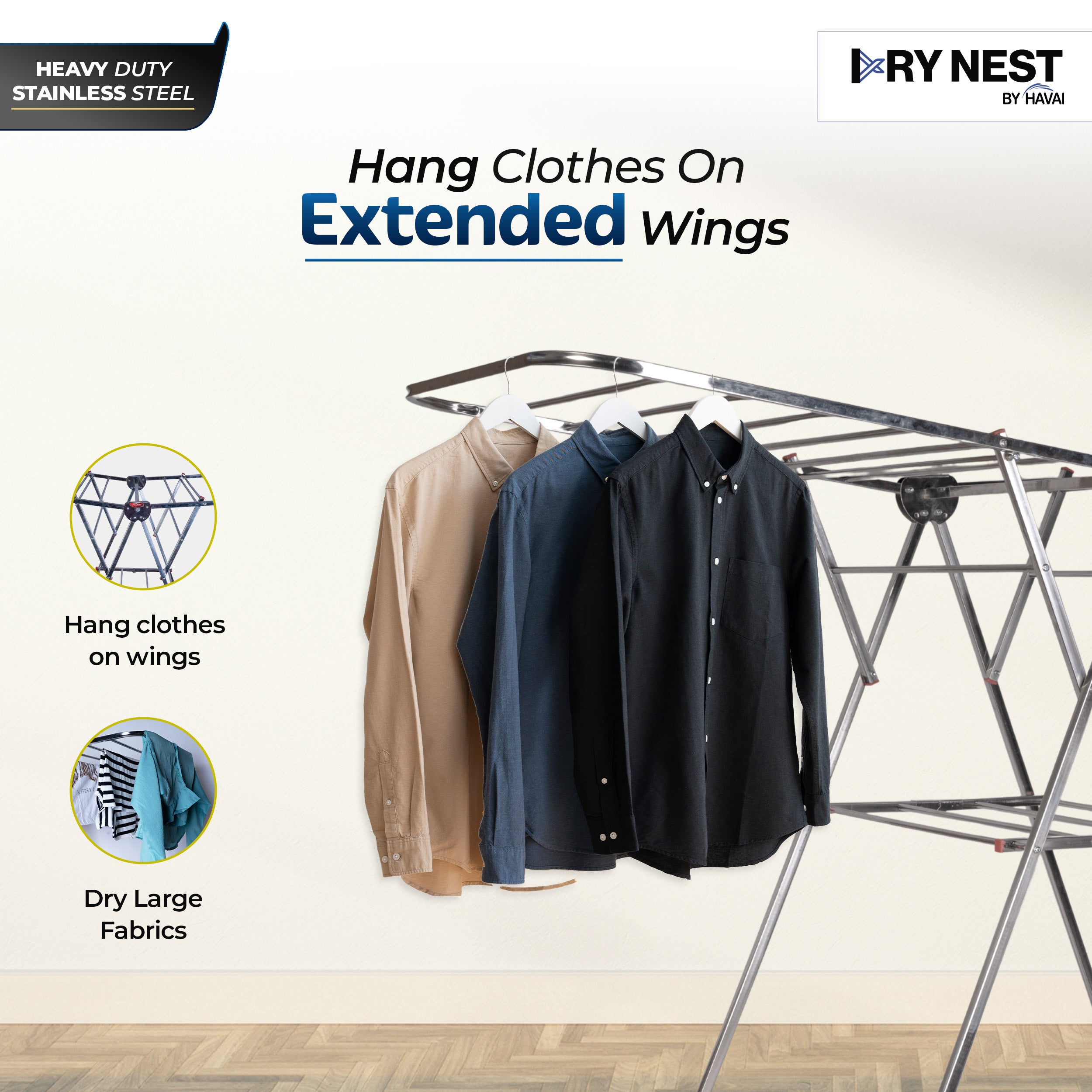 DryNest by HAVAI – Heavy Duty Foldable Cloth Drying Stand | Rust-Free Stainless Steel Laundry Rack | Indoor, Outdoor & Balcony Use | Portable Clothes Dryer Stand