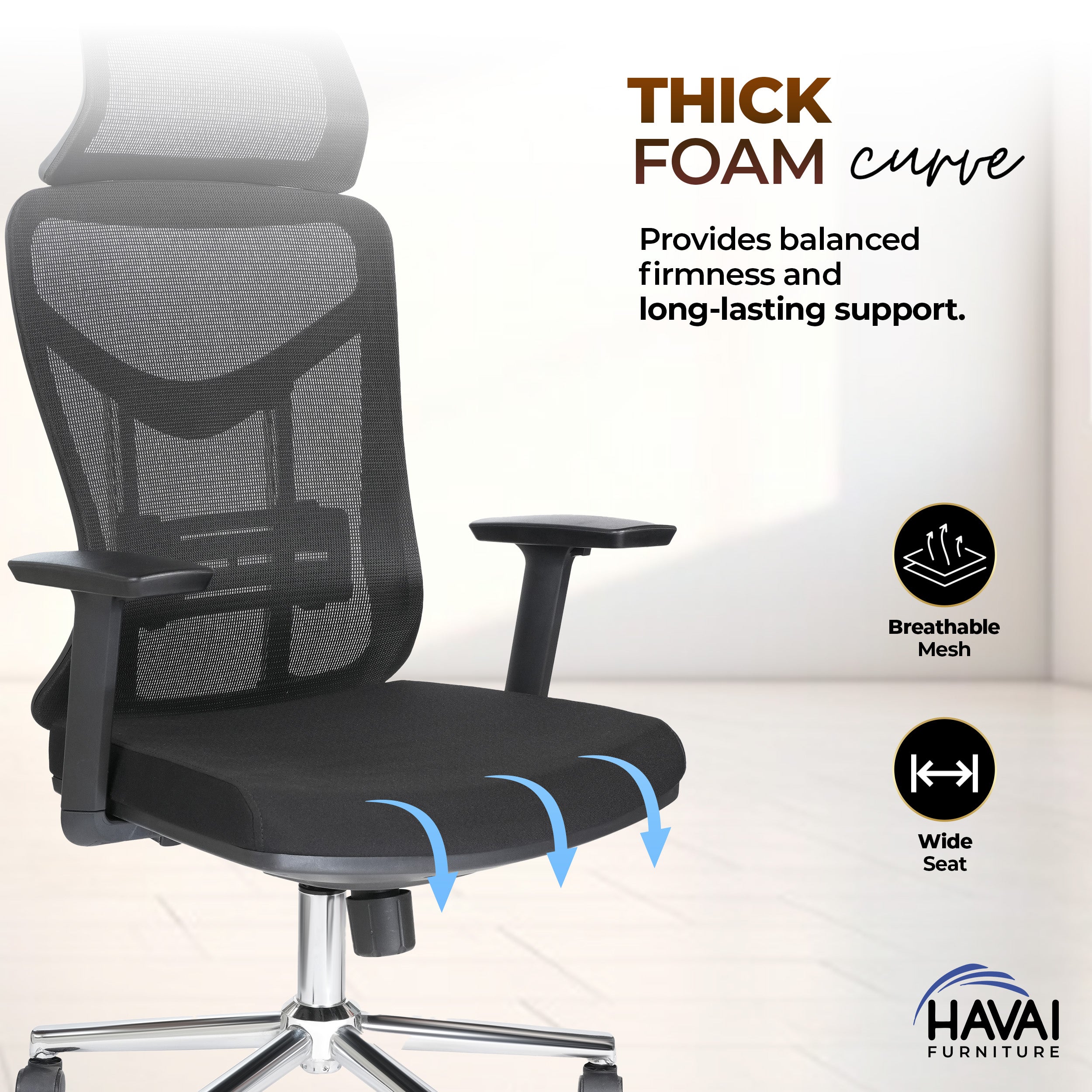 HAVAI Pulse High Back Ergonomic Mesh Office Chair | Multi-Lock Tilt Mechanism | Chrome Base| Breathable Mesh Back | Fixed Headrest (Black)
