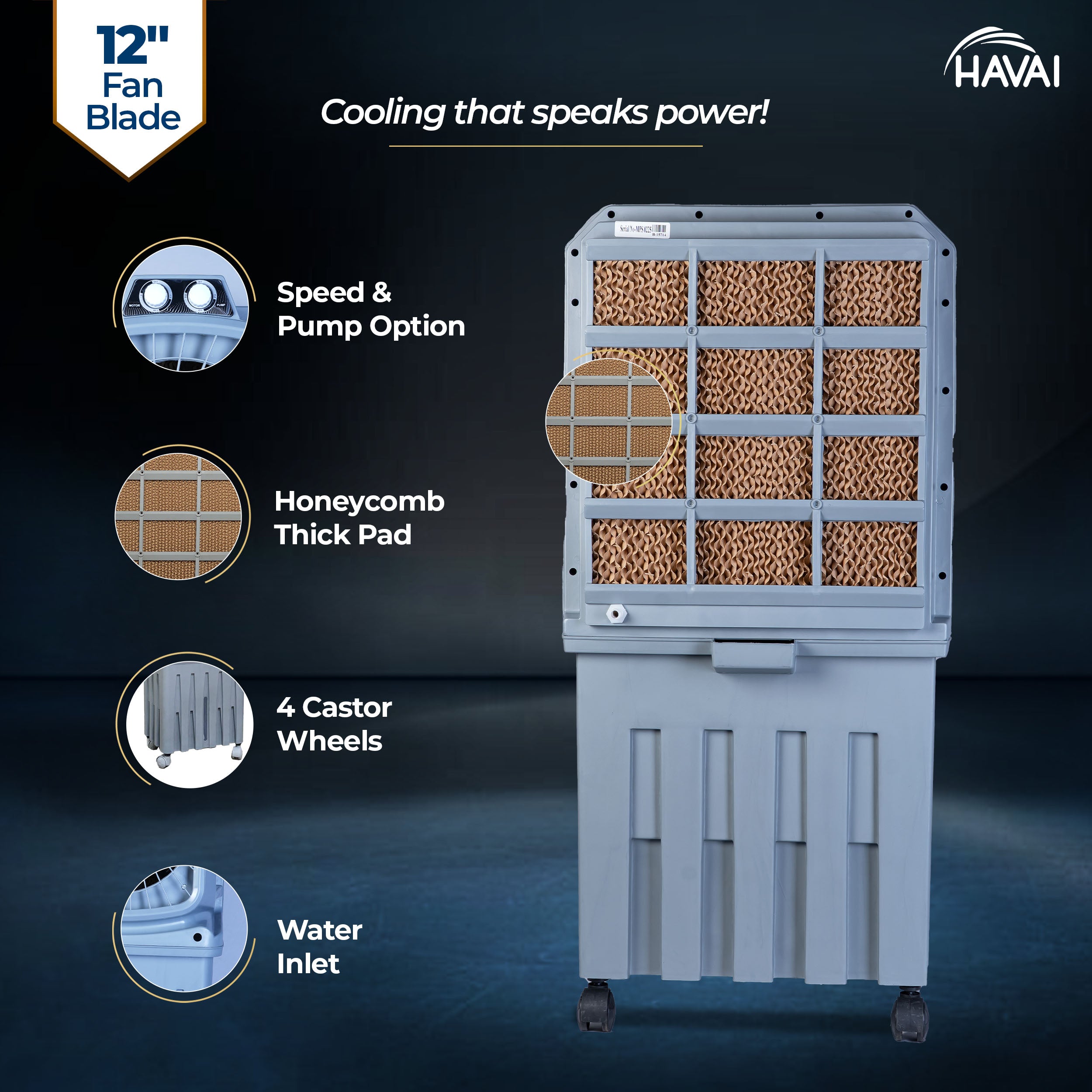 HAVAI Mighty 12 Personal Air Cooler | 12 inch Blade | 50L Tank Capacity, 120W Power, 200 Sq. Ft. Area Coverage | 15 Ft. Air Throw, 3-Speed Control, Grey