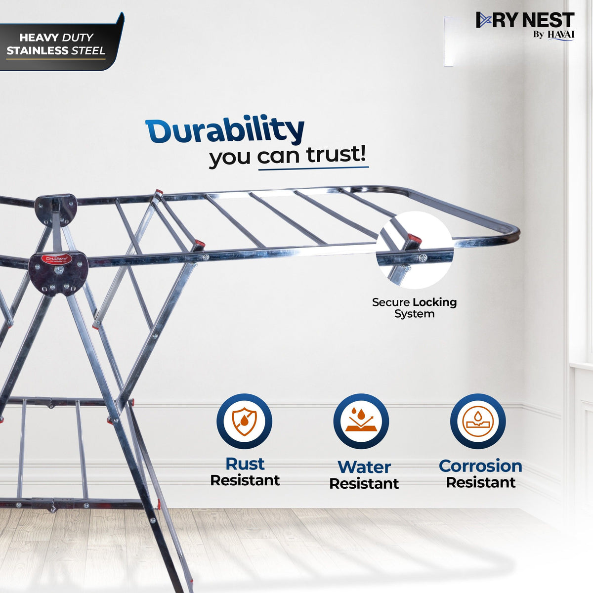DryNest by Havai – 4.1 KG Heavy Duty Foldable Cloth Drying Stand | Premium Rust-Free Stainless Steel Laundry Rack with Strong Steel Rods | Indoor, Outdoor & Balcony Use | Portable Clothes Dryer Stand