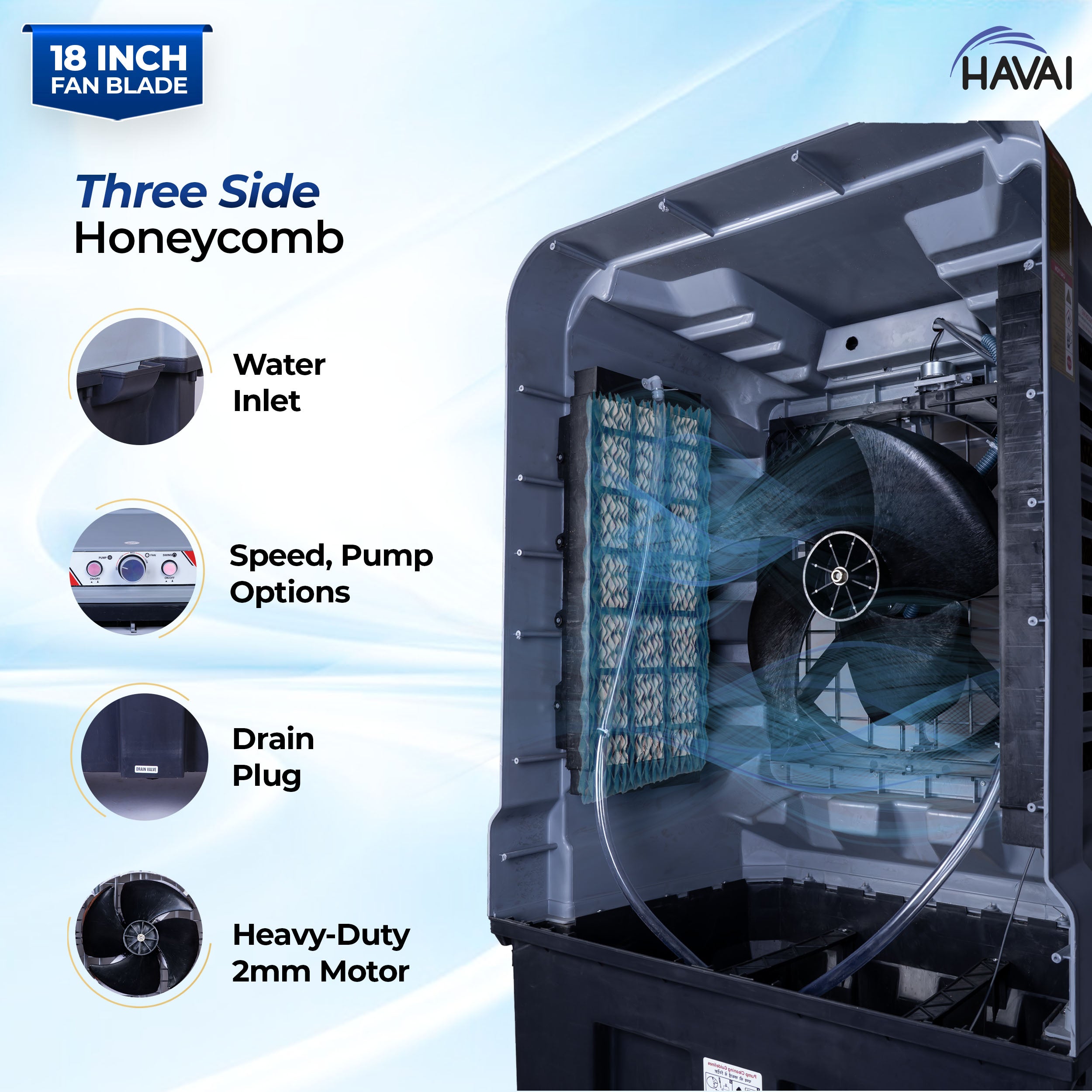 HAVAI Jumbo 18+ Massey Desert Cooler | 150L | 18-Inch Fan | Heavy-Duty 41mm Motor | 3-Side Honeycomb Pads | Auto Swing | Castor Wheels | 230V, 280W | White & Grey