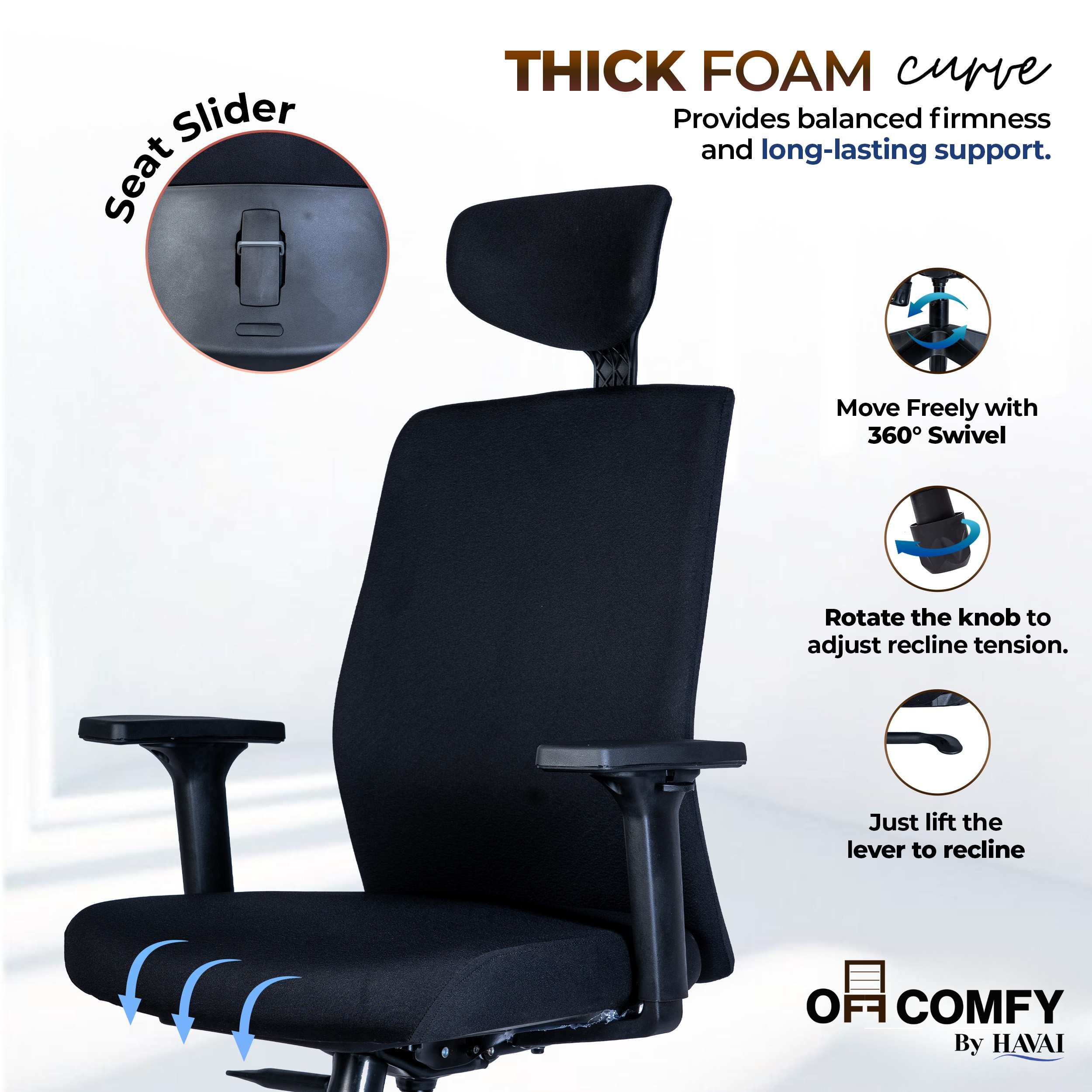 Off-Comfy by HAVAI Swift High Back Ergonomic Office Chair | Fixed Headrest | 3D Adjustable Armrest | Lumbar Support | Synchronized Recline | Chrome Base | Work from Home & Office Chair