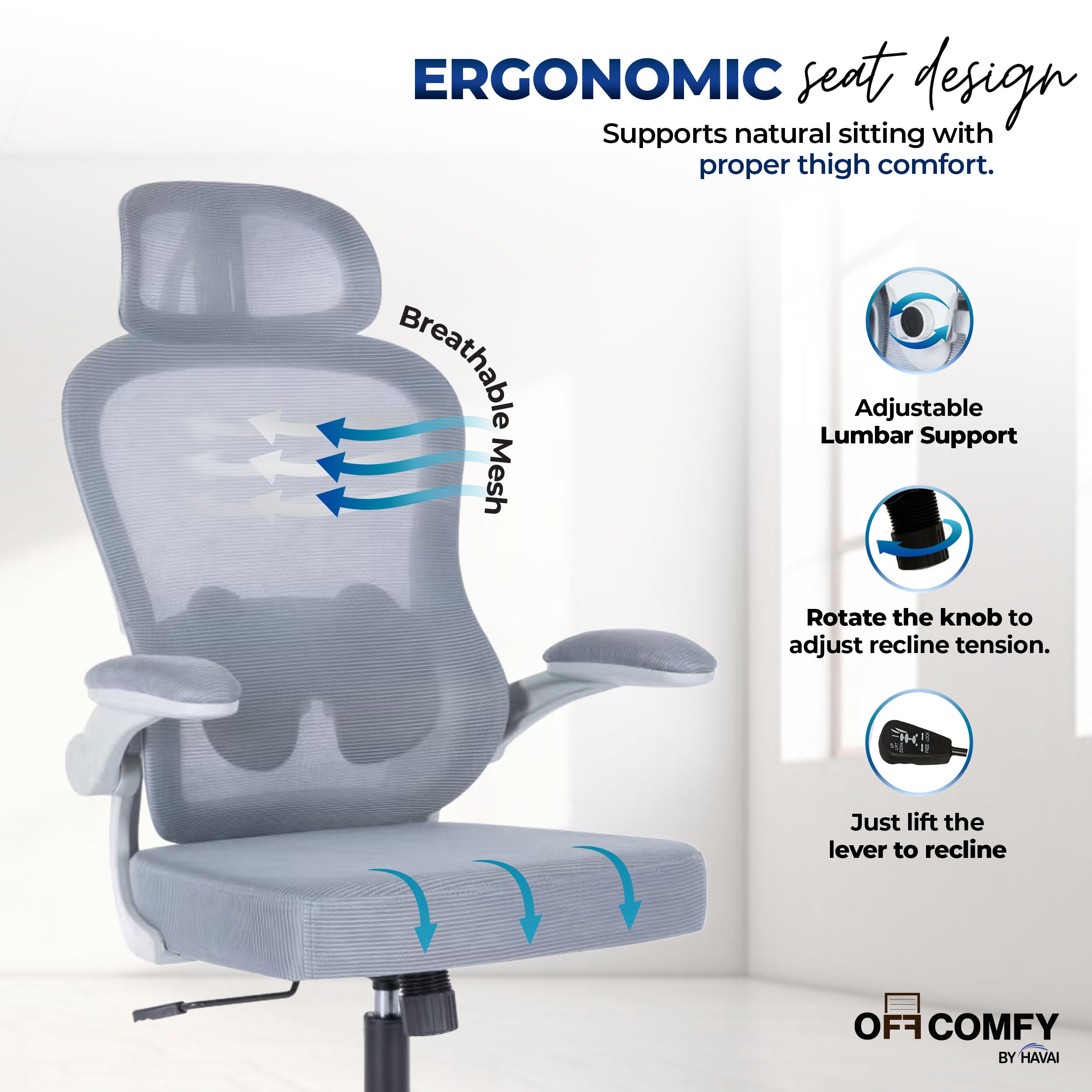 HAVAI LUMA GREY Ergonomic Mesh Office Chair | Mid Back | Breathable Net Fabric | Reclining | Height Adjustable | Class 2 Gas Lift | Nylon Base | Smooth Wheels | WFH & Office