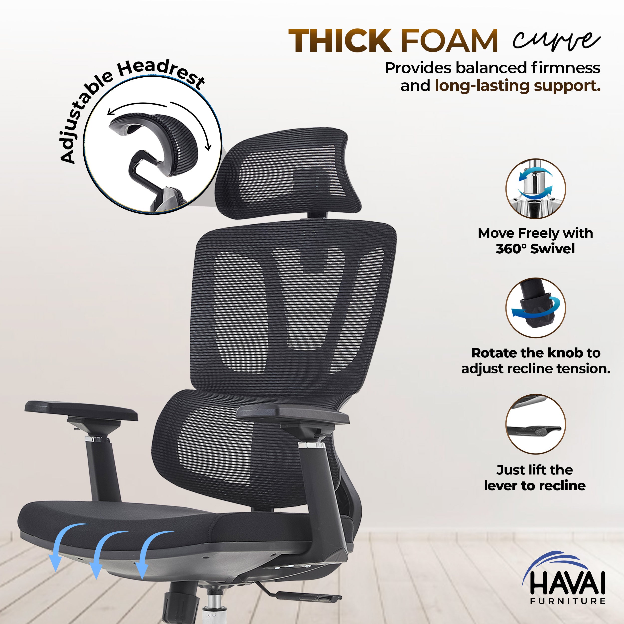 HAVAI Flexi High Back Black Mesh Ergonomic Office Chair | Multi-Lock Synchro Tilt | Aluminium Base | Class 4 Gaslift | Seat Slider | 3D Adjustable Armrests | 50mm Casters | Premium Mesh Back & Fabric Seat(Black)