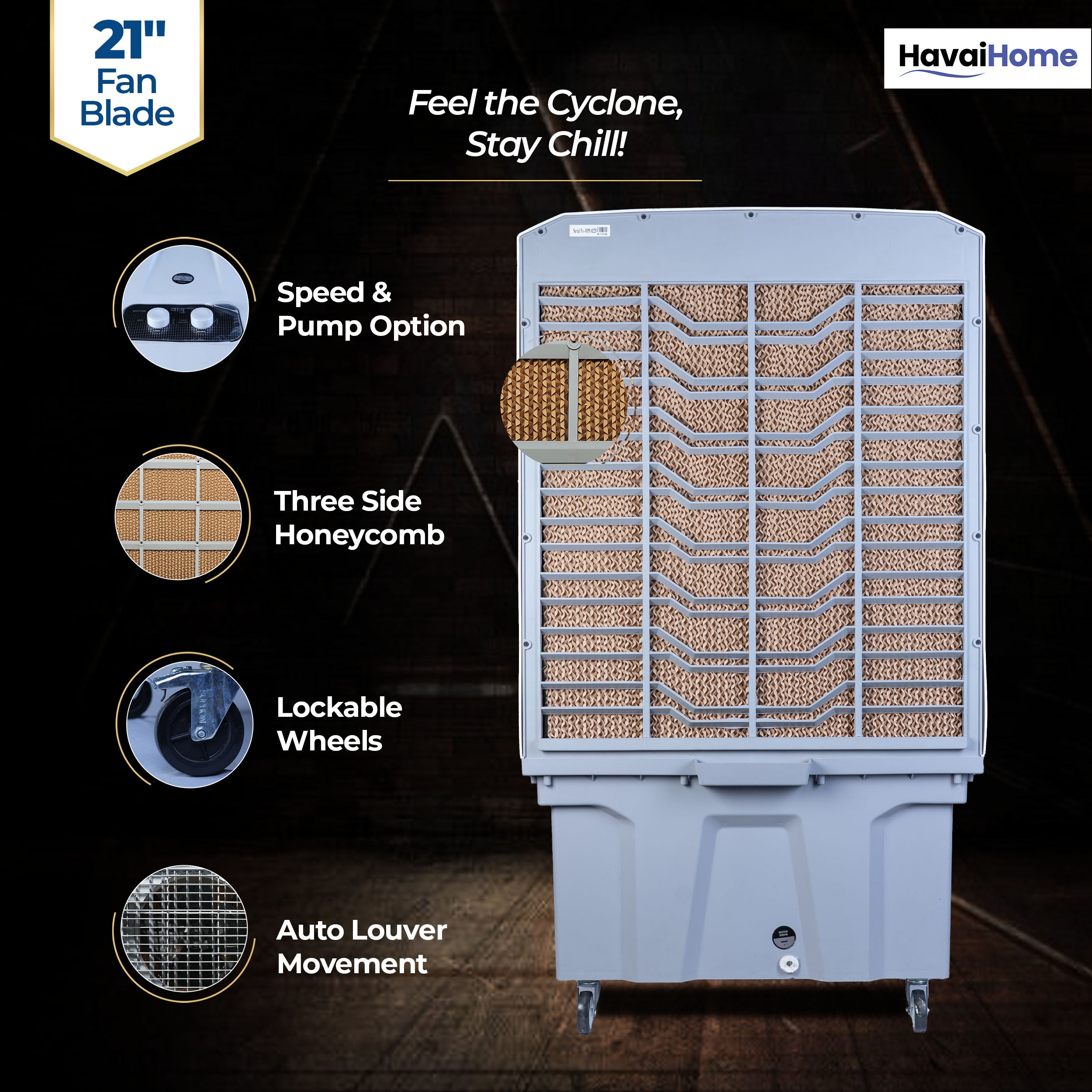 Cyclone Desert Air Cooler | 21" Fan Blade | 150L Tank Capacity | 330W High-Performance Cooling | 750 Sq. Ft. Coverage | Auto Swing | Back Honeycomb Pads | Lockable Wheels | White & Grey