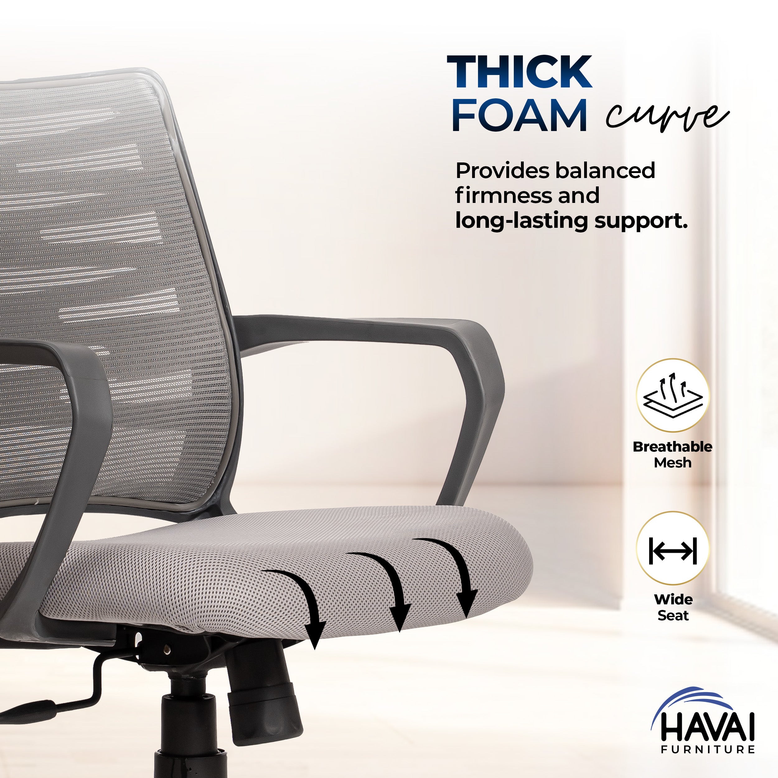 HAVAI Navy Grey Low Back Ergonomic Mesh Office Chair | Single Lock Tilt Mechanism | Mild Steel EPC Base | Class 4 Gaslift | Fixed Armrests | 50mm Casters | Breathable Mesh Back