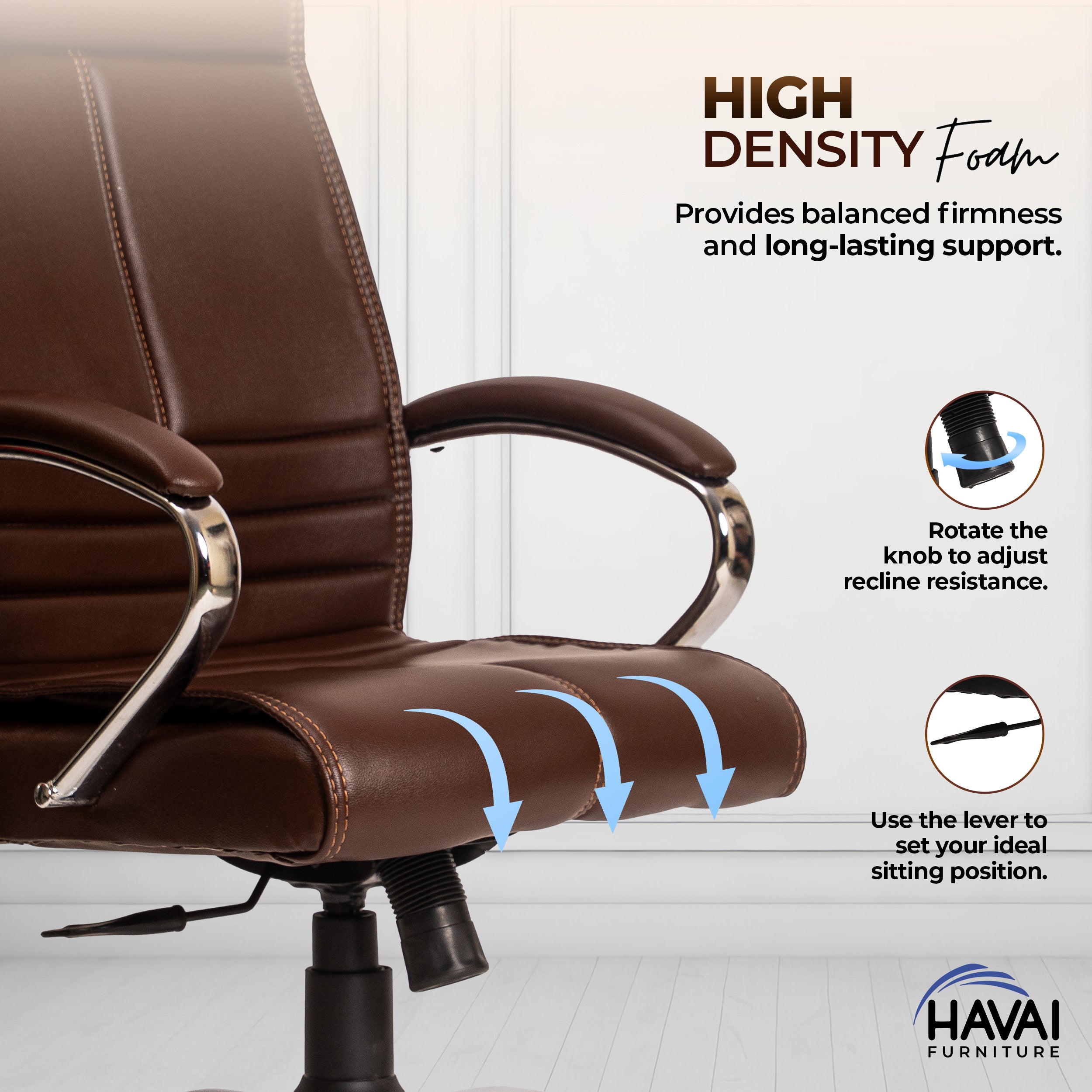 HAVAI Nova High Back Office Chair | Premium Leather | Ergonomic Executive Chair with Single Lock Tilt Mechanism | Chrome Steel Base & Arms | Class 4 Gaslift | 50mm Casters | High-Density Cushioned Seat & Back (Brown)