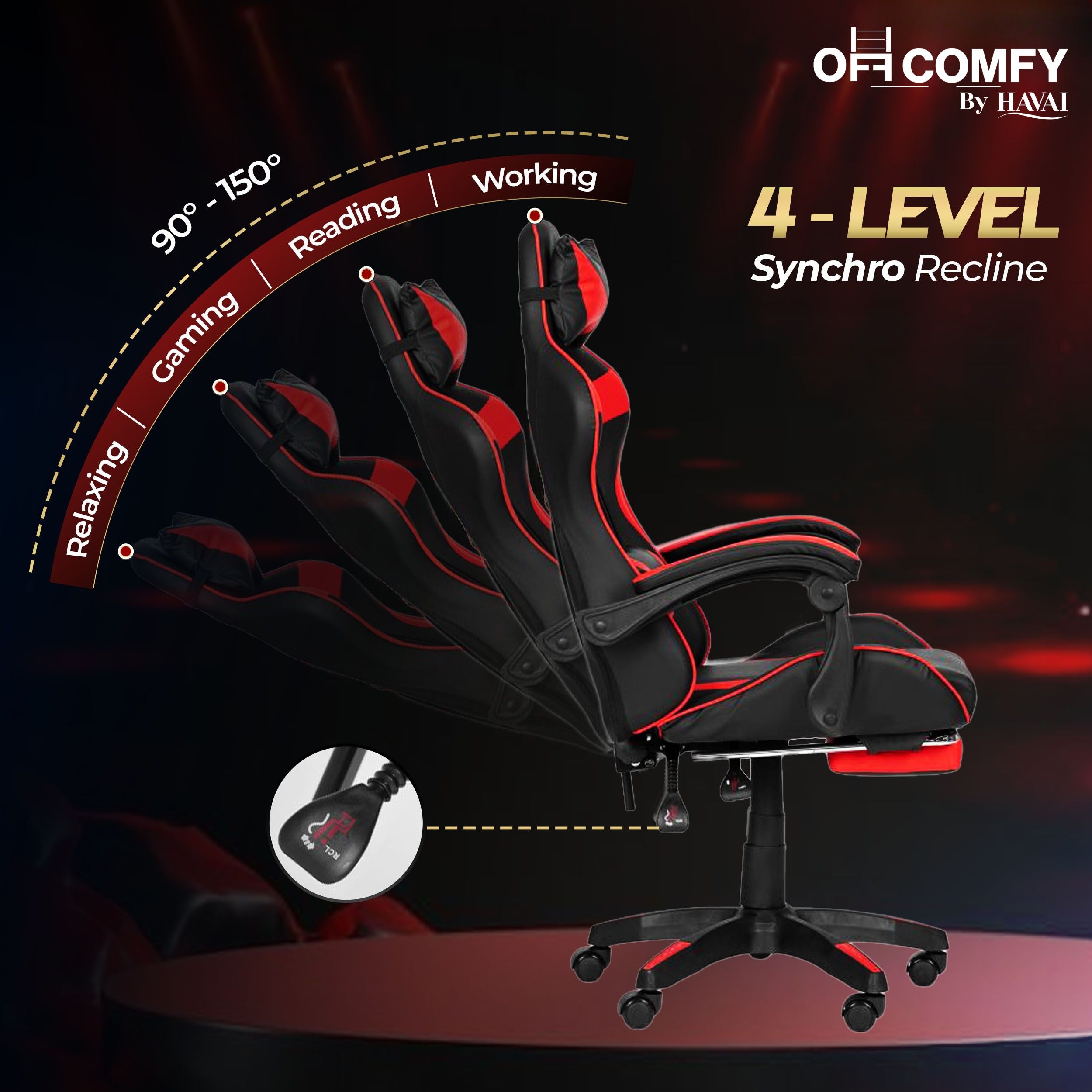 HAVAI Vortex Red Gaming Chair | Ergonomic High Back Computer Chair with Linkage Armrests | Reclining & Folding Backrest | Premium 0.55mm PVC Upholstery | High Density Foam Cushion | Class 1 Gas Lift | 320mm Nylon Base | Heavy Duty Wheels | (Red & Black)