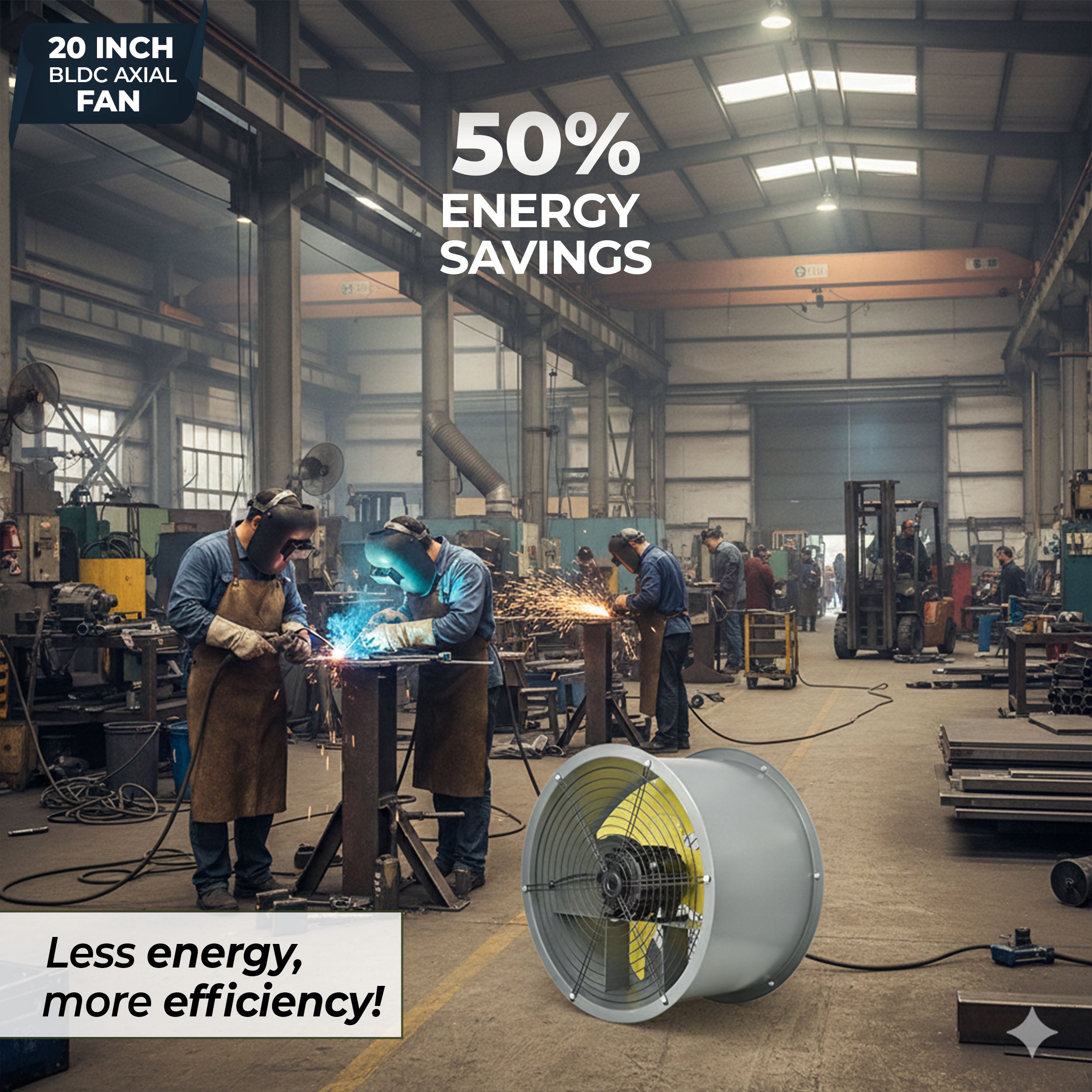 20-Inch Heavy Duty BLDC Axial Fan | Maintenance-Free BLDC Motor | 4-Leaf 2mm Aluminium Blades | 9-Speed Digital Controller | 600–13,000 m³/hr | 35W–350W | 2-Year Warranty