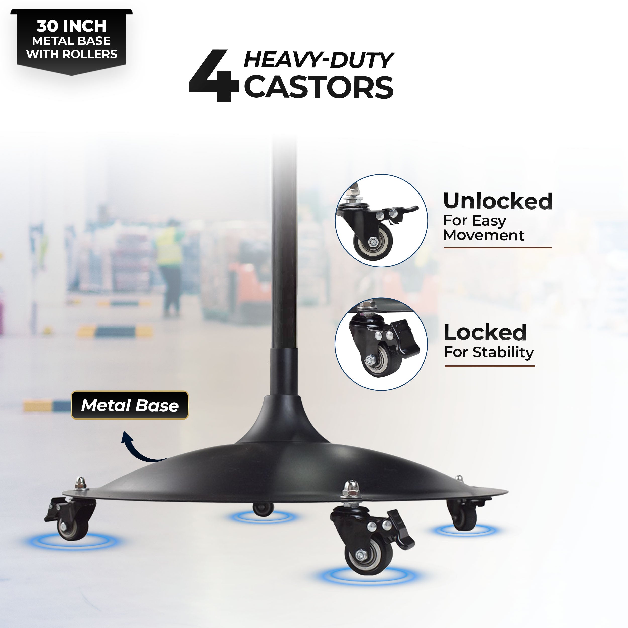 HAVAI 30-Inch Commercial BLDC Pedestal Fan (30–135W) | 2mm Aluminium Blades | Heavy-Duty Metal Base with 4 Lockable Industrial Wheels | High Air Delivery | Fingerproof Safety | 2-Year On-Site Warranty