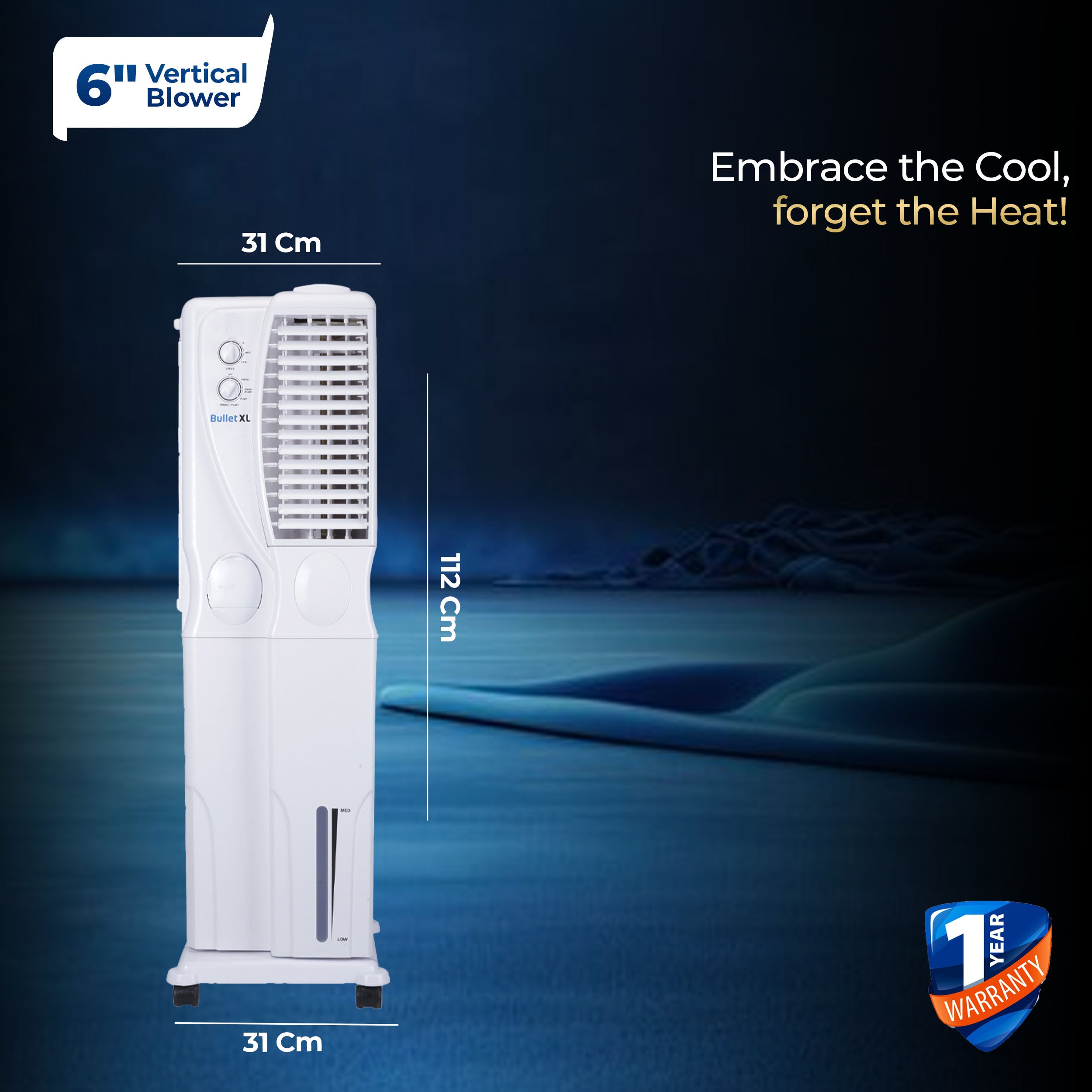Bullet XL Tower Air Cooler - 34 Liter, White