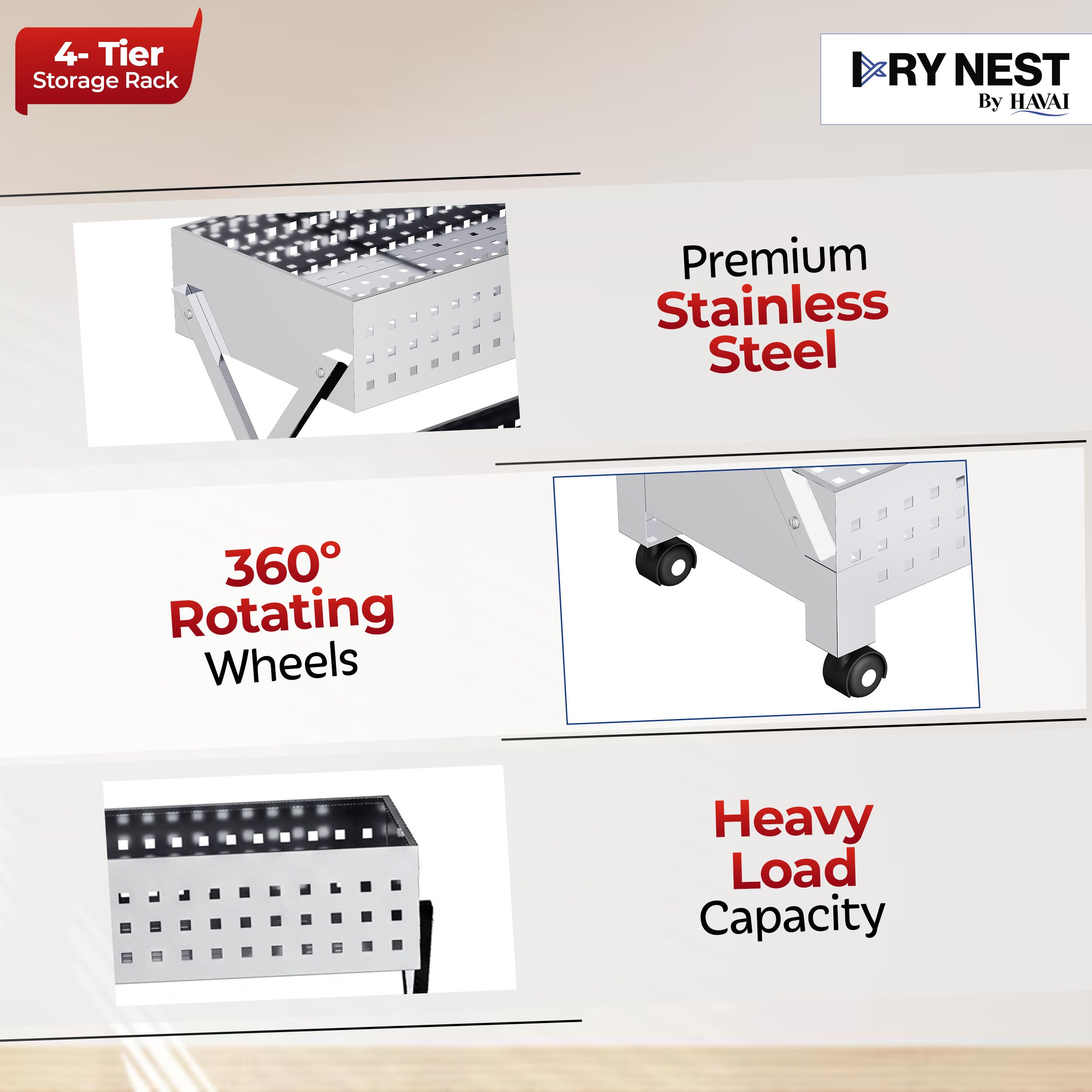 HAVAI Stainless Steel Multipurpose Storage Trolley with Wheels (Chrome, 4)