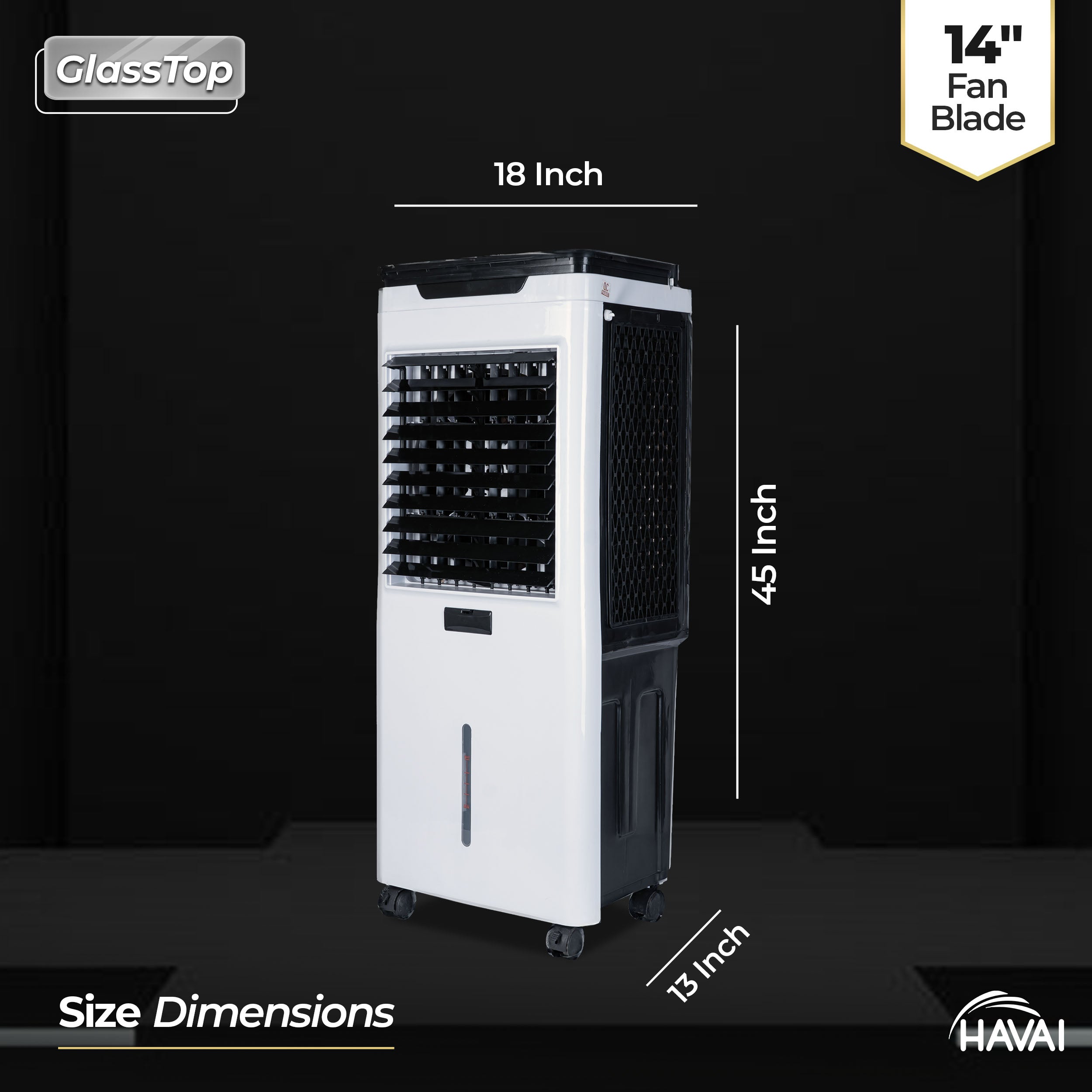 HAVAI Premium Glass Top GT 14 Air Cooler | 60L Tank Capacity | 14" Fan Blade | 170W Power | 20ft Air Throw | 3-Side Honeycomb Cooling | Sleek Glass Top Design | 4 Castor Wheels