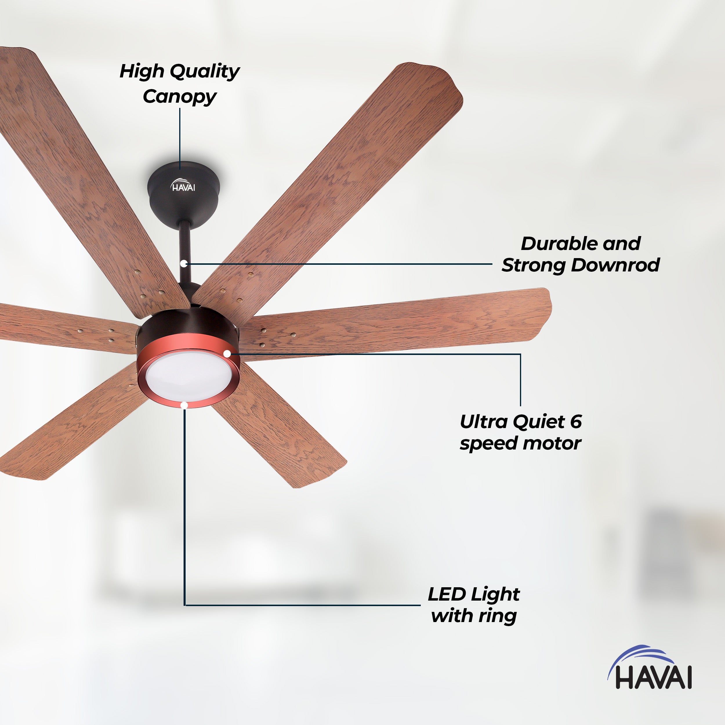 HAVAI Spinel BLDC Ceiling Fan with Decorative Ring | 1200mm, 6 Blades, 25W | Remote Control & 9W LED Light | 2 Years Warranty | Smoke Brown