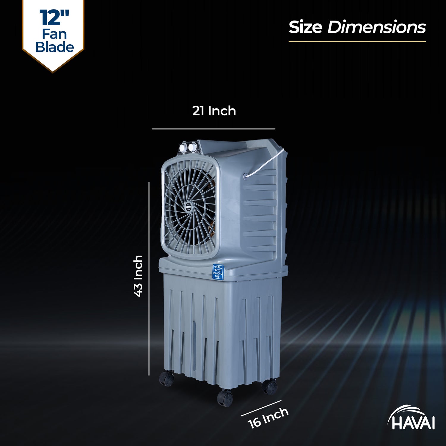 HAVAI Mighty 12 Personal Air Cooler | 12 inch Blade | 50L Tank Capacity, 120W Power, 200 Sq. Ft. Area Coverage | 15 Ft. Air Throw, 3-Speed Control, Grey
