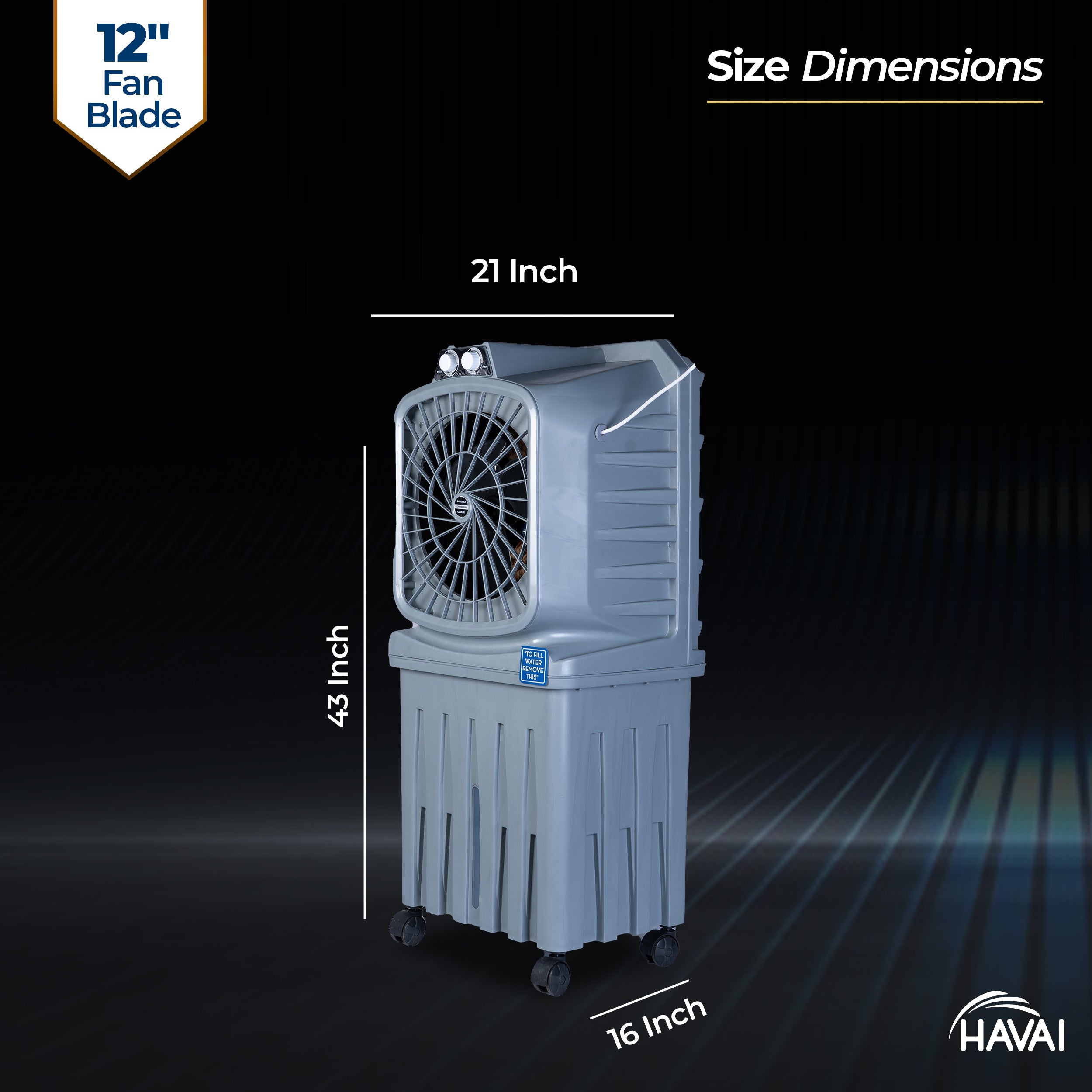 HAVAI Mighty 12 Personal Air Cooler | 12 inch Blade | 50L Tank Capacity, 120W Power, 200 Sq. Ft. Area Coverage | 15 Ft. Air Throw, 3-Speed Control, Grey