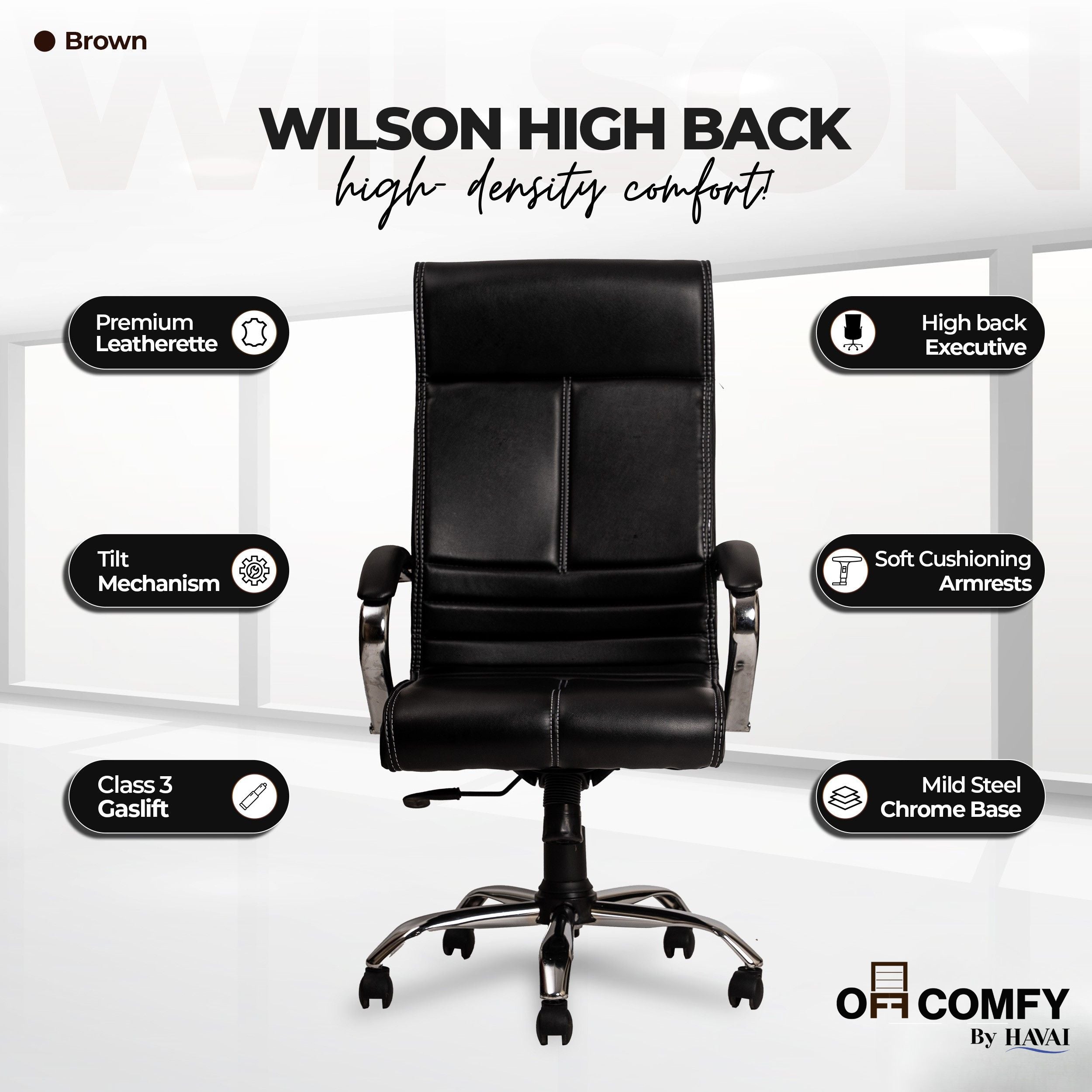 Nova High Back Office Chair | Premium Leather | Ergonomic Executive Chair with Single Lock Tilt Mechanism | Chrome Steel Base & Arms | Class 4 Gaslift | 50mm Casters | High-Density Cushioned Seat & Back (Black)