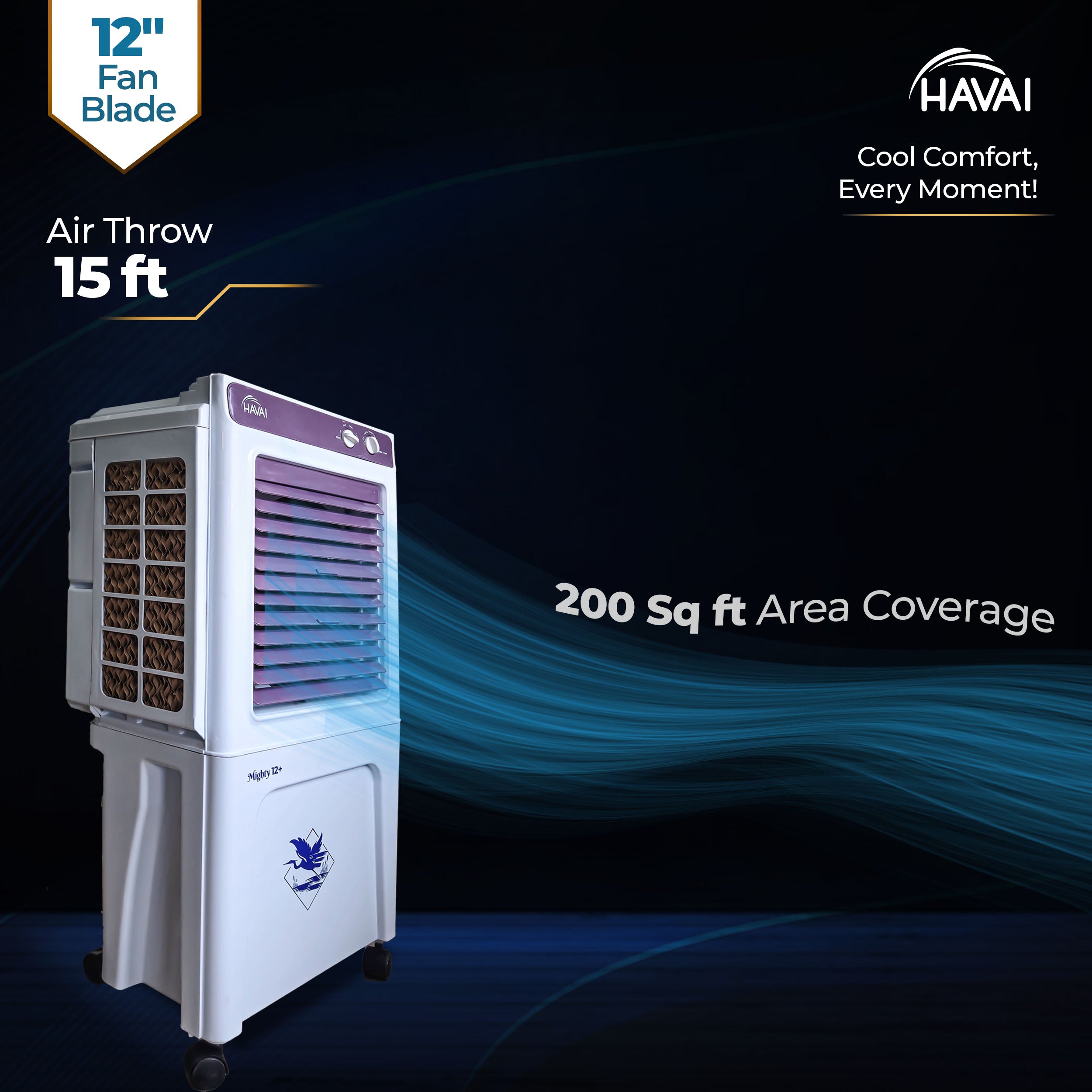 HAVAI Mighty 12+ | 12-Inch Personal Air Cooler | 36L Tank | 3-Side Honeycomb | Auto Swing | 3-Speed | 2400 RPM Motor | Vibrant Color | 200 Sq. Ft. Coverage