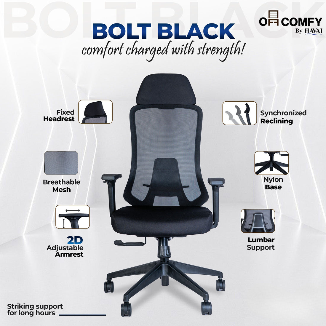 Off Comfy by HAVAI - Bolt Black Ergonomic Office Chair | Yuva Mesh Back | 4D Arms with PU Pad | 1D Lumbar Support | Auto Weight Mechanism with 4-Point Lock | Seat Slider | Crystal Chrome Base | 60mm Castors