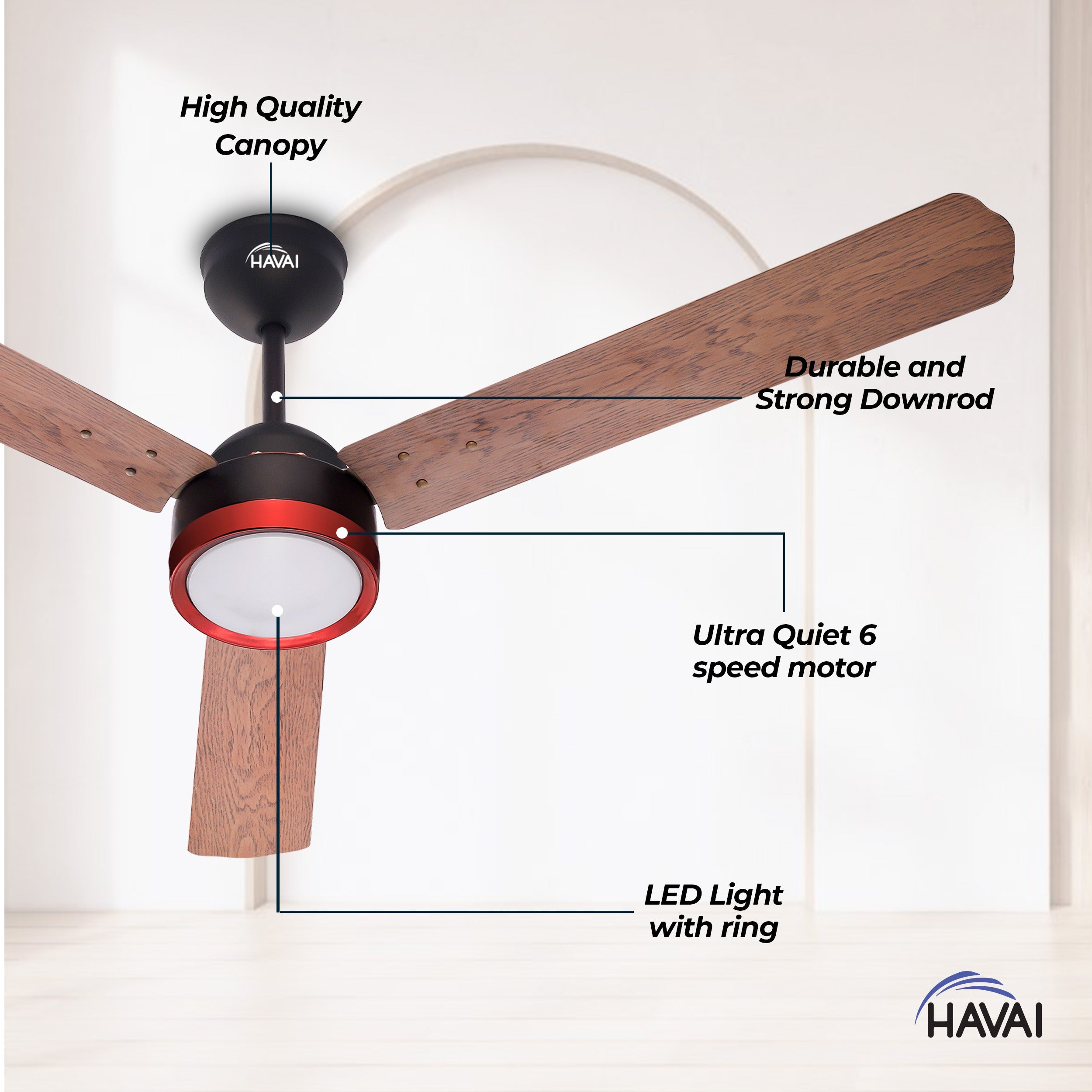 HAVAI Spinel BLDC Ceiling Fan with Decorative Ring | 1200mm, 3 Blades, 27W | Remote Control & 9W LED Light | 2 Years Warranty | Smoky Brown