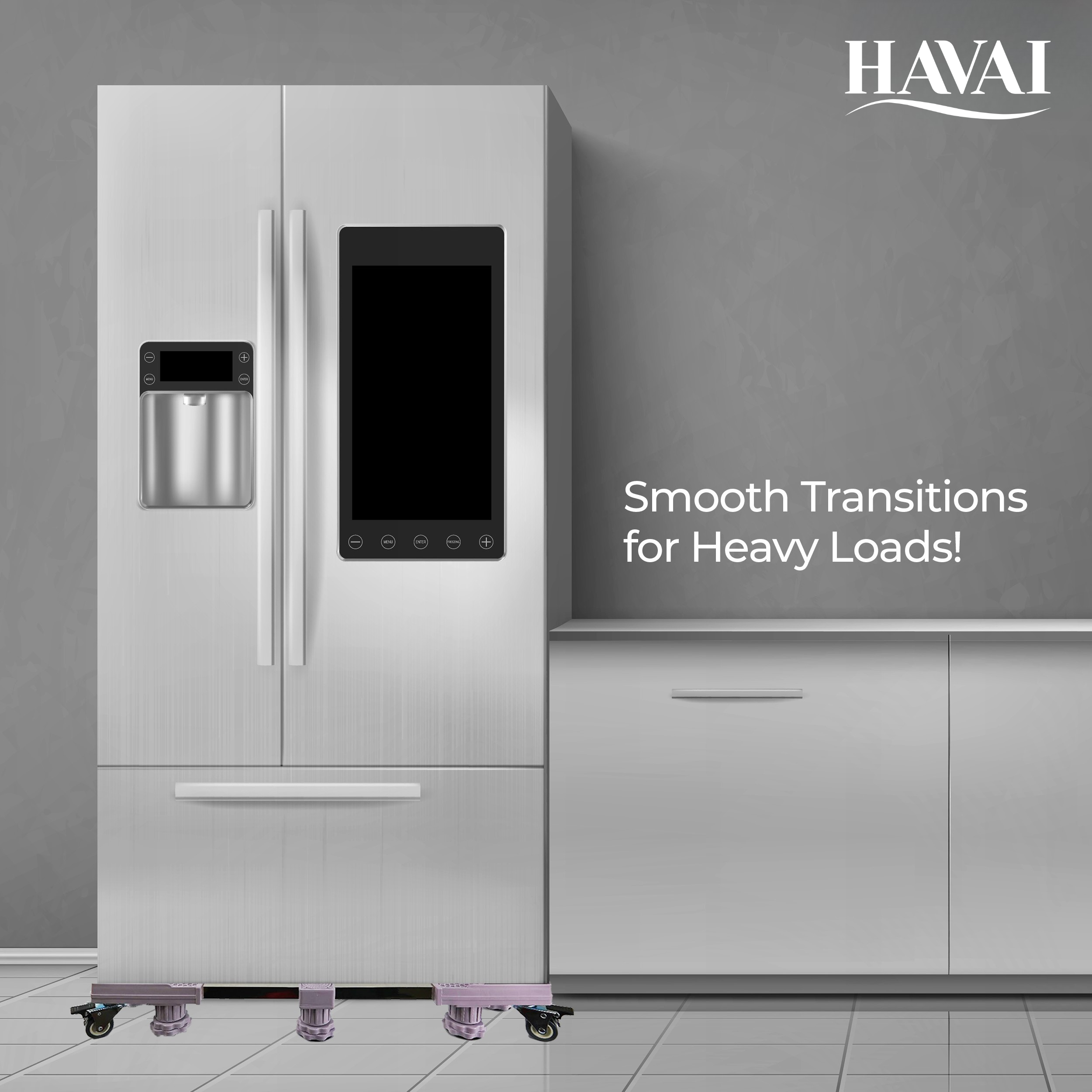 HAVAI Premium Trolley Stand with Wheels for Heavy Duty Side by Side Refrigerator, Double Door Refrigerator: Colour - Bluish Grey, 800 Kgs (10 Grip, 4 Wheels)