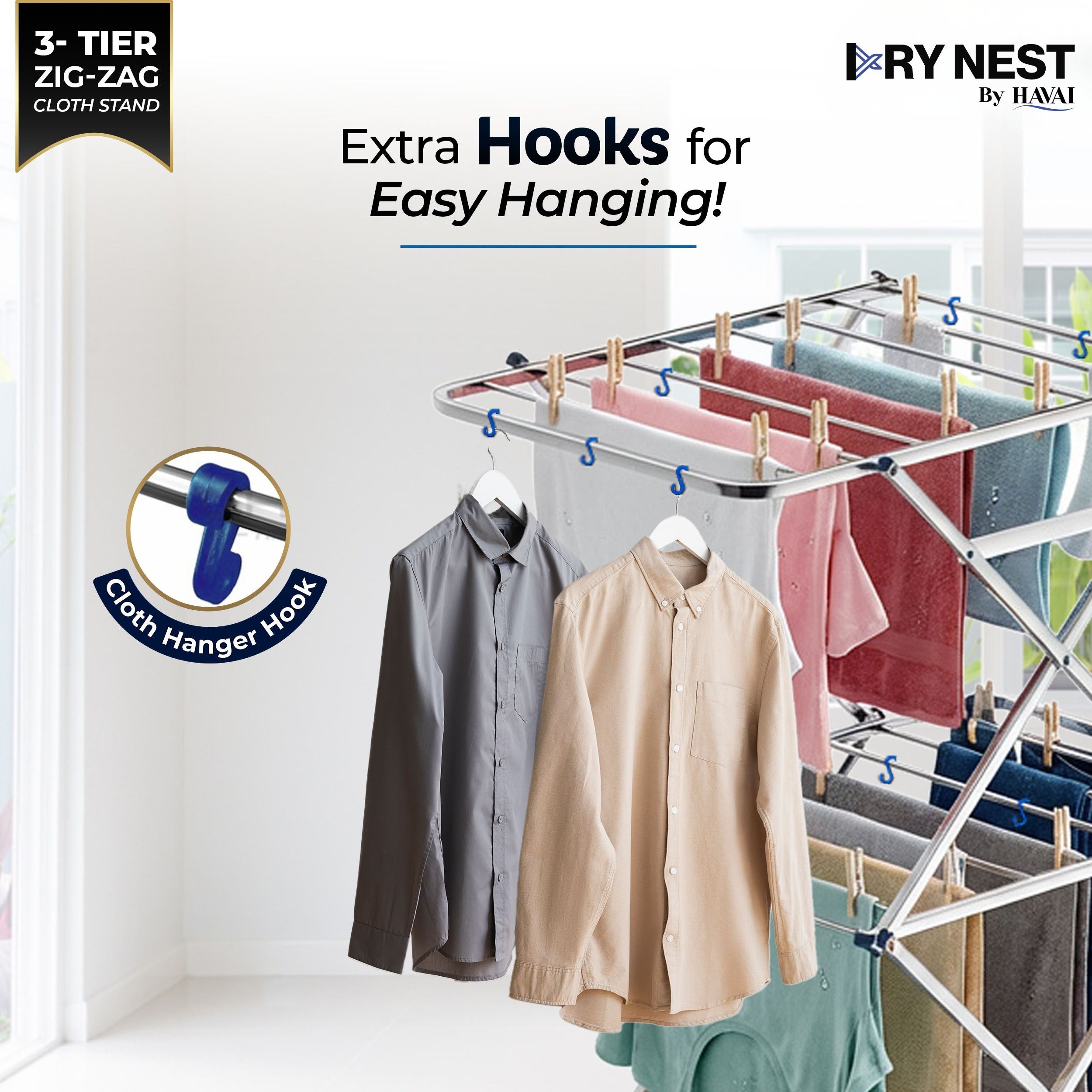 HAVAI DryNest 4.5 KG Heavy Duty Clothes Drying Stand | 40 KG Load Capacity | 3-Tier Zig-Zag Foldable Stainless Steel Airer | Rust Resistant Laundry Rack for Balcony, Indoor & Outdoor Use