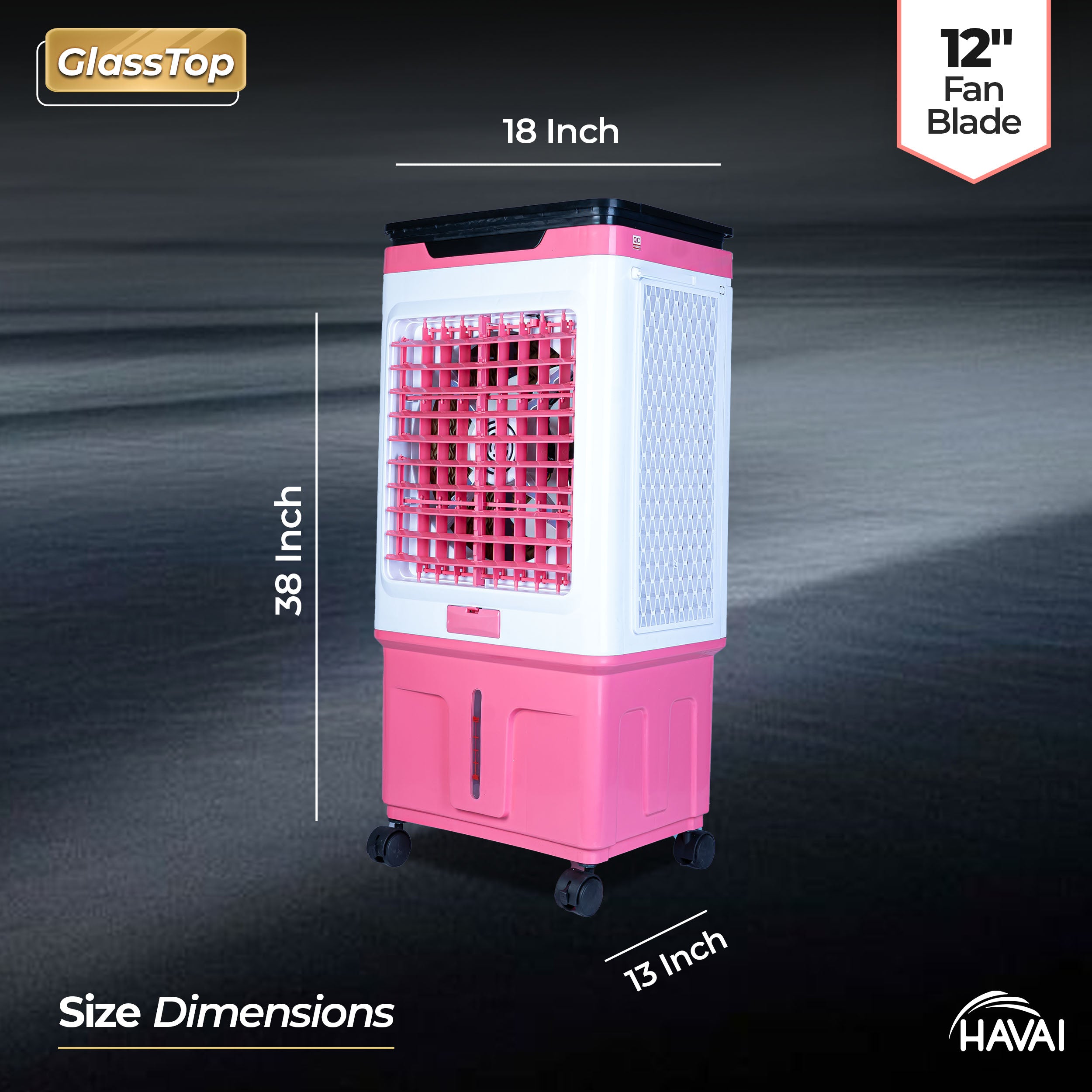 HAVAI Premium Glass Top GT 12 | 12" Fan Blade | 40 Litre Tank Capacity | 160W Power | 15ft Air Throw | 3-Side Honeycomb Cooling | Sleek Glass Top Design | 4 Castor Wheels (PINK)