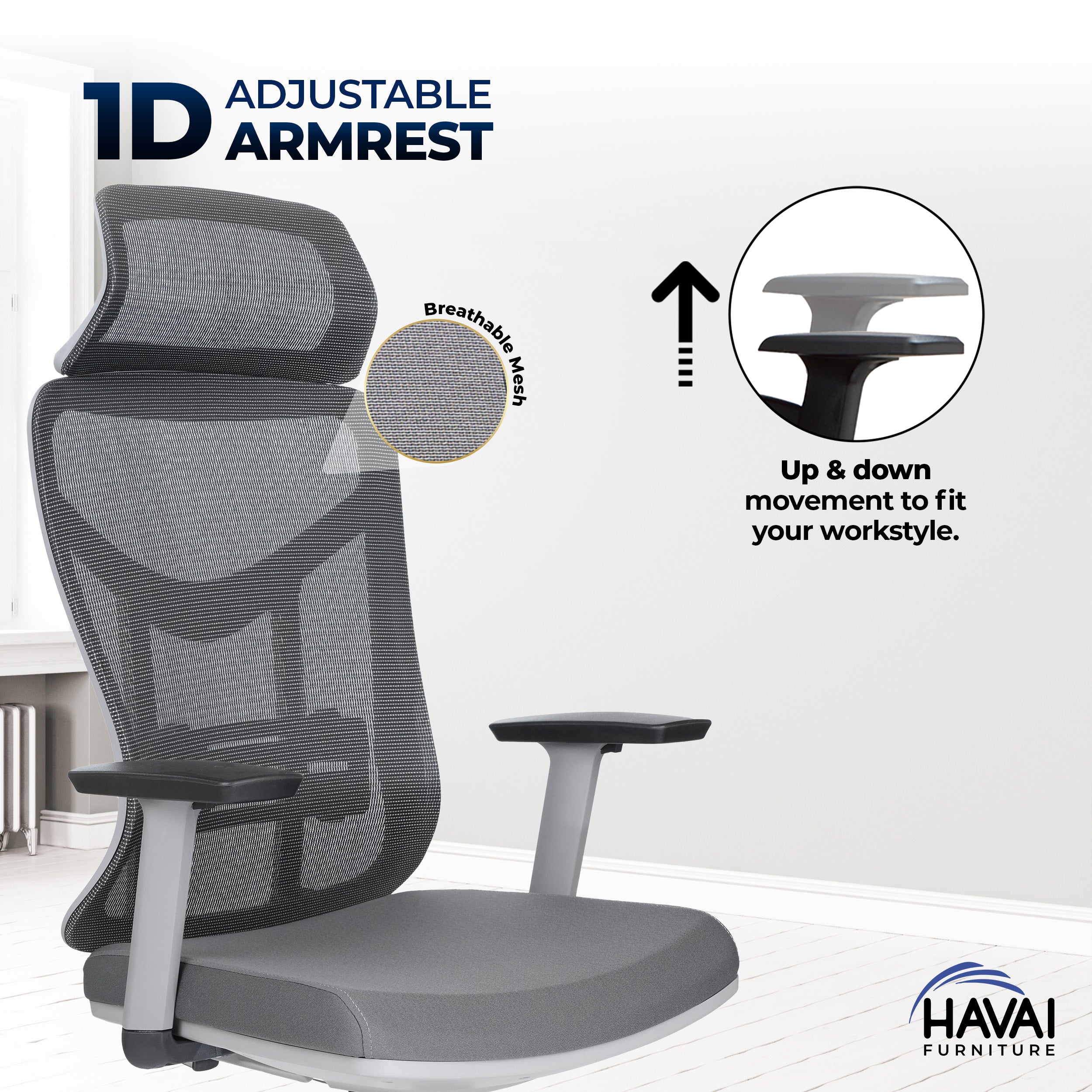 HAVAI Pulse High Back Ergonomic Mesh Office Chair | Multi-Lock Tilt Mechanism | Chrome Base| Breathable Mesh Back | Fixed Headrest (Grey)