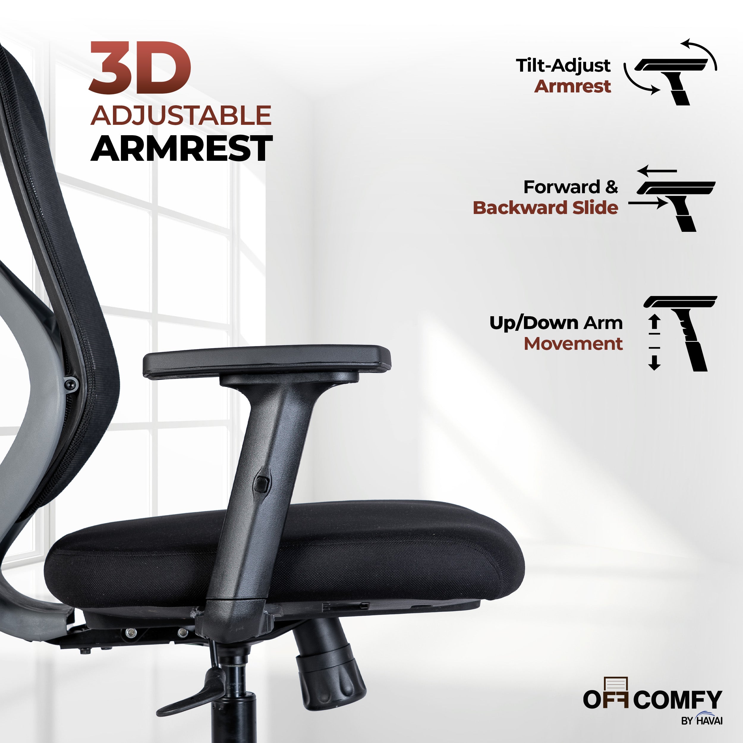 Off Comfy by HAVAI - Titan Lite Black Chair | Korean Mesh | 2D Arms | Lumbar | Seat Slider | Gaslift | Chrome Base | 60mm Castors