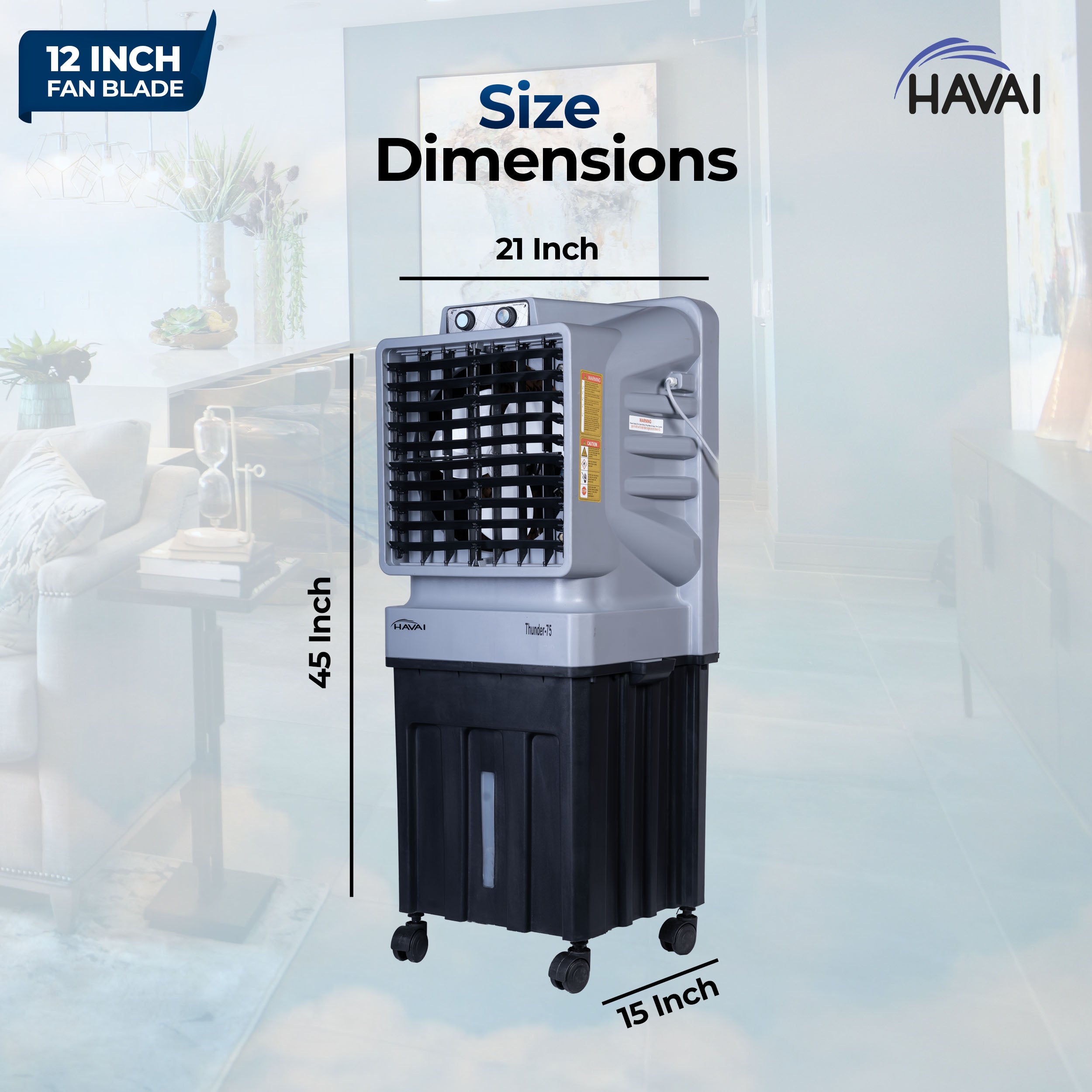 HAVAI Thunder-75 Tower Air Cooler | 70L Tank | 12″ Blade | Ideal for 150 sq ft Rooms | 130W Power | 10 ft Air Throw | 1350 RPM | Auto-Louver | 3-Speed | 1-Year On-Site Motor Warranty (Black & Grey)