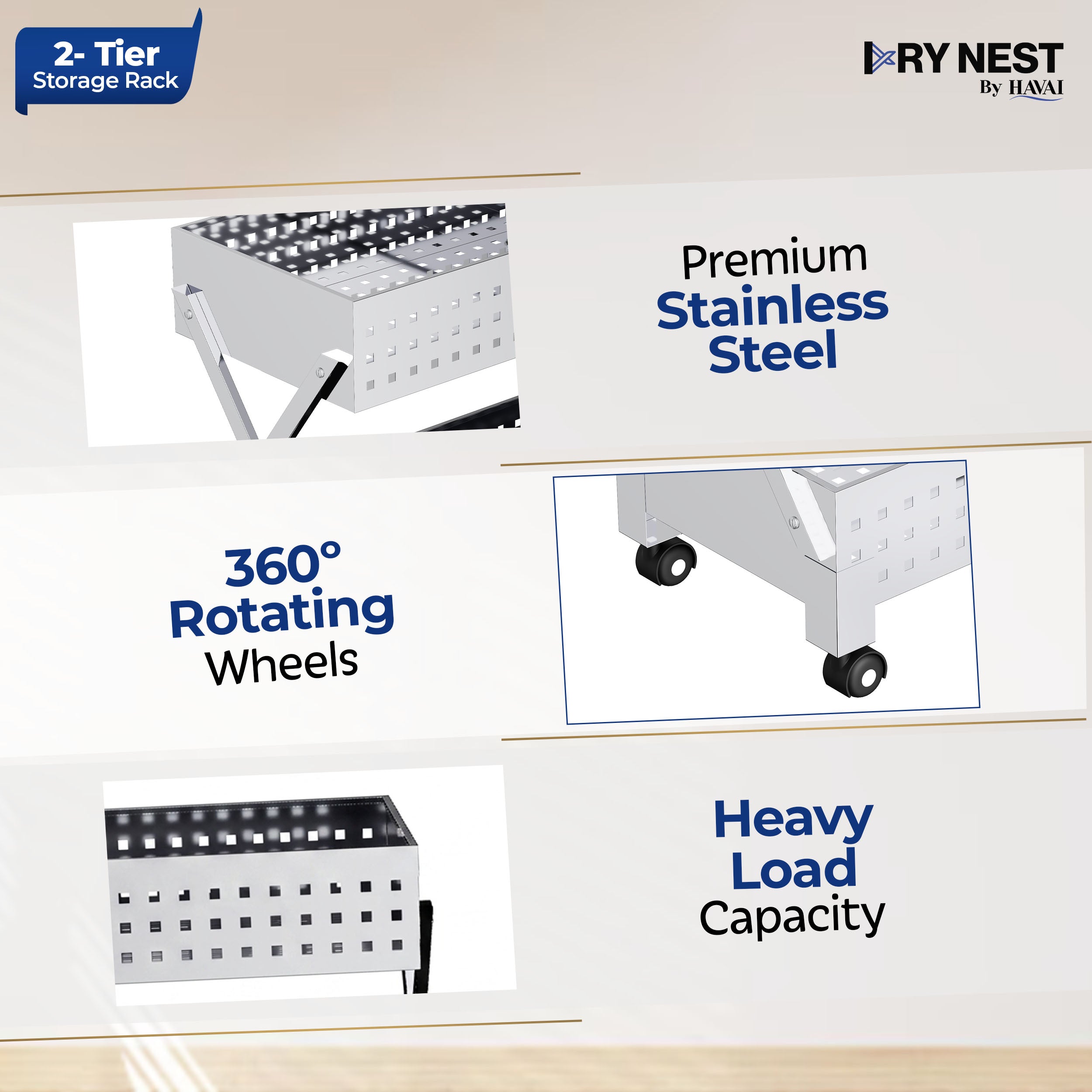 HAVAI Stainless Steel Multipurpose Storage Trolley with Wheels (Chrome, 2)