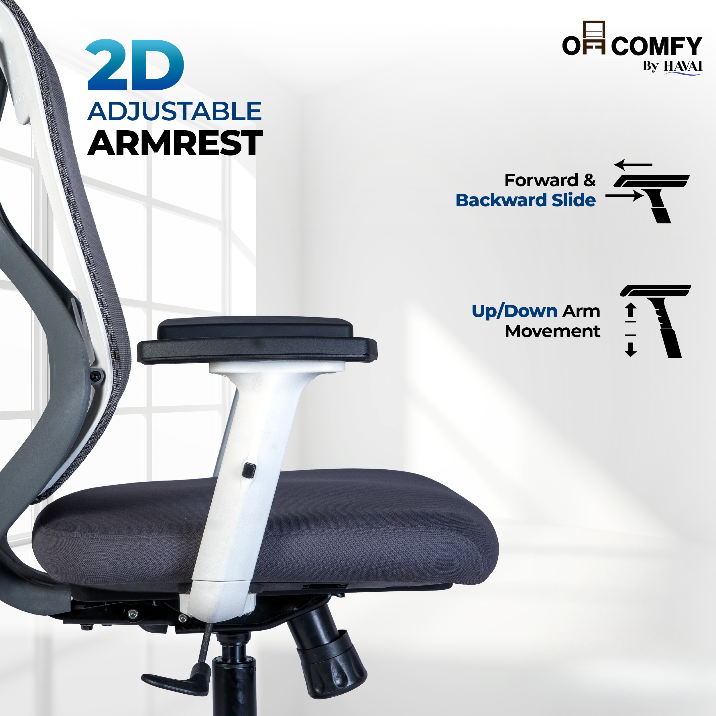 Off Comfy by HAVAI - Titan Pro Grey Chair | Korean Mesh | Headrest | 2D Arms | Lumbar | Seat Slider | Gaslift | Chrome Base | 60mm Castors