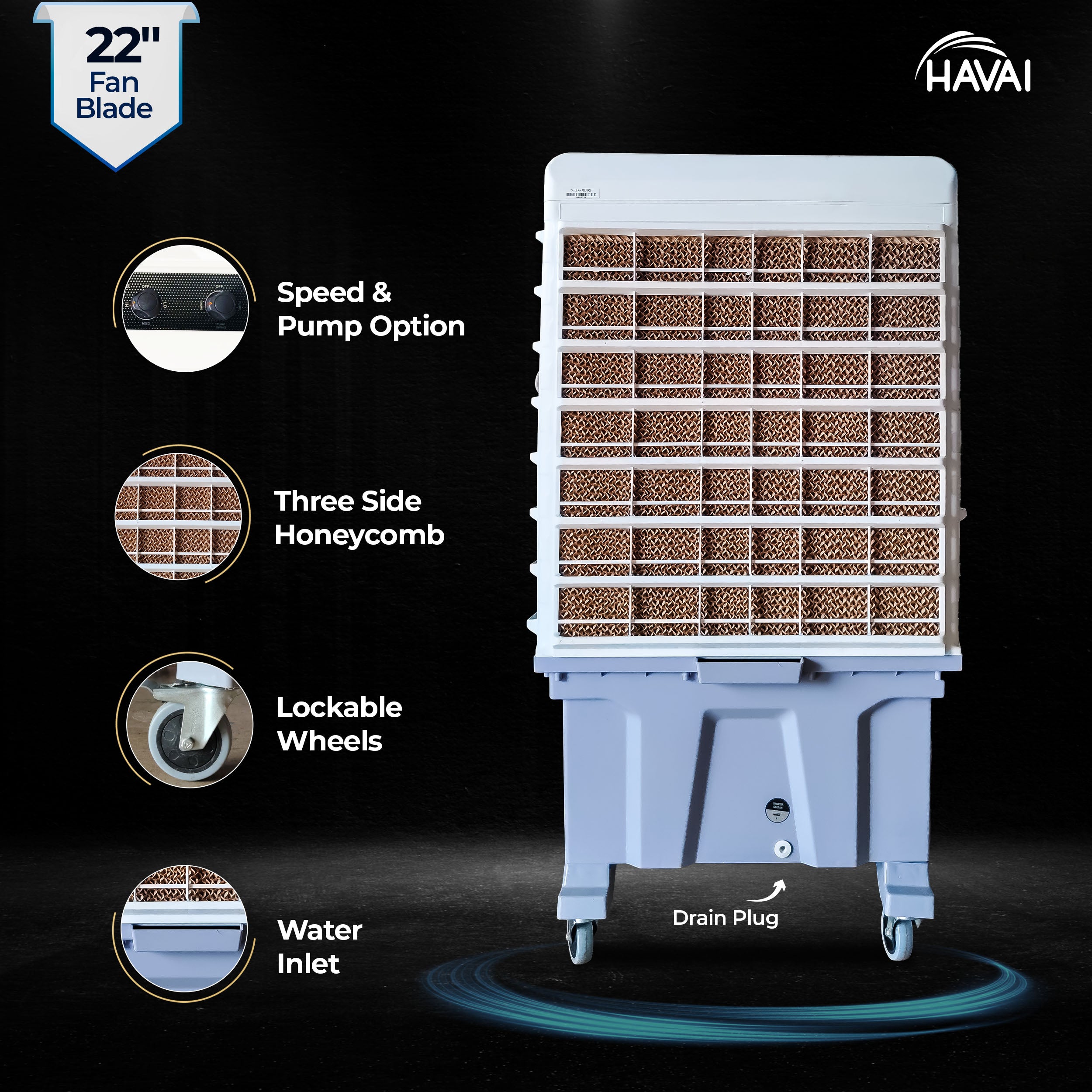 HAVAI Cyclone 24 Desert Air Cooler | 24" Fan Blade | 150L Tank Capacity | 400W High-Performance Cooling | 750 Sq. Ft. Coverage | Auto Swing | Three Side Honeycomb Pads | Lockable Wheels | Grey