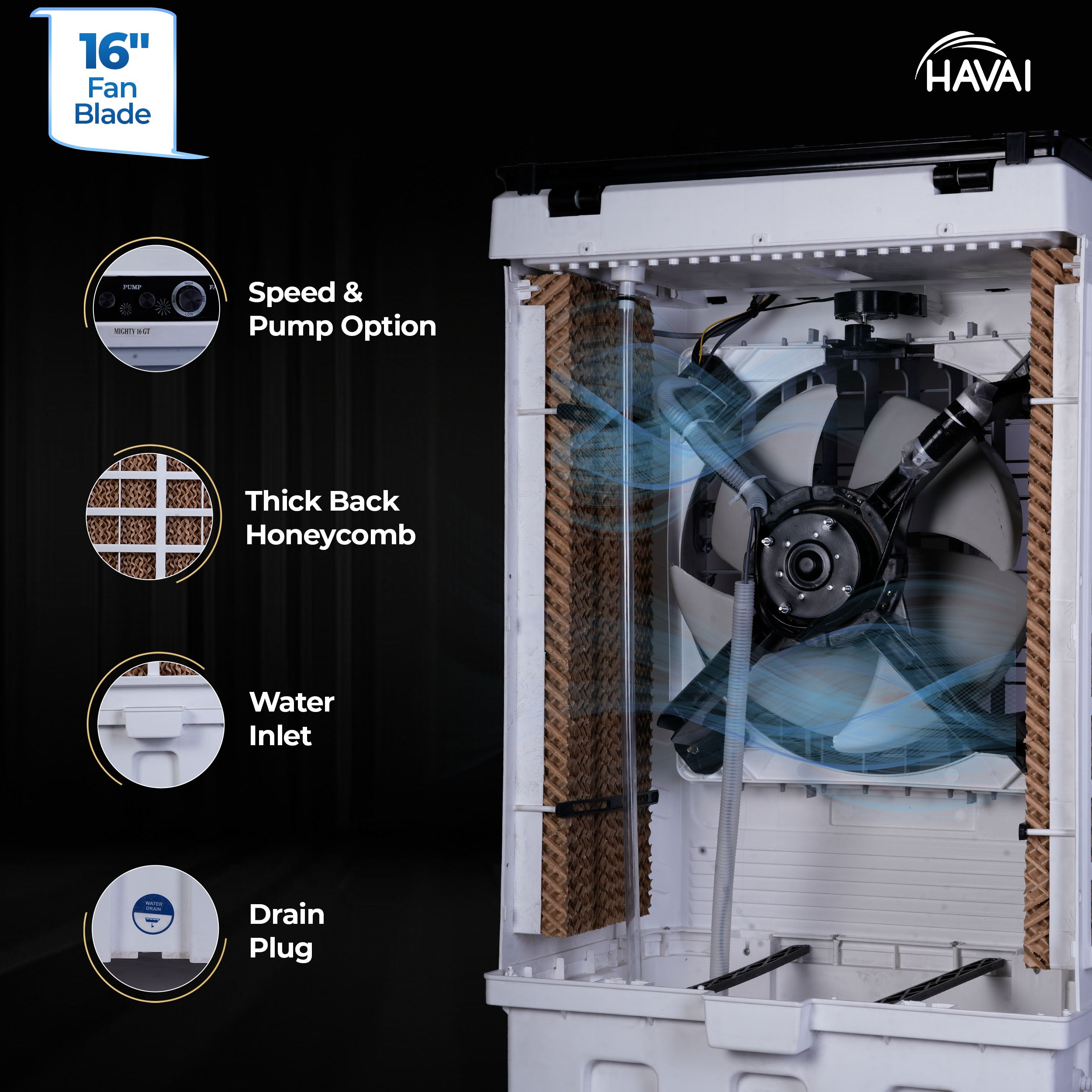 HAVAI Mighty 16 GT Glass Top Desert Air Cooler for Home & Commercial Use | 16 Inch Fan, 100L Tank, 5190 m³/hr Air Delivery | 350 Sq Ft Coverage | Honeycomb Pads, Aluminium Motor, Low Noise | White & Grey