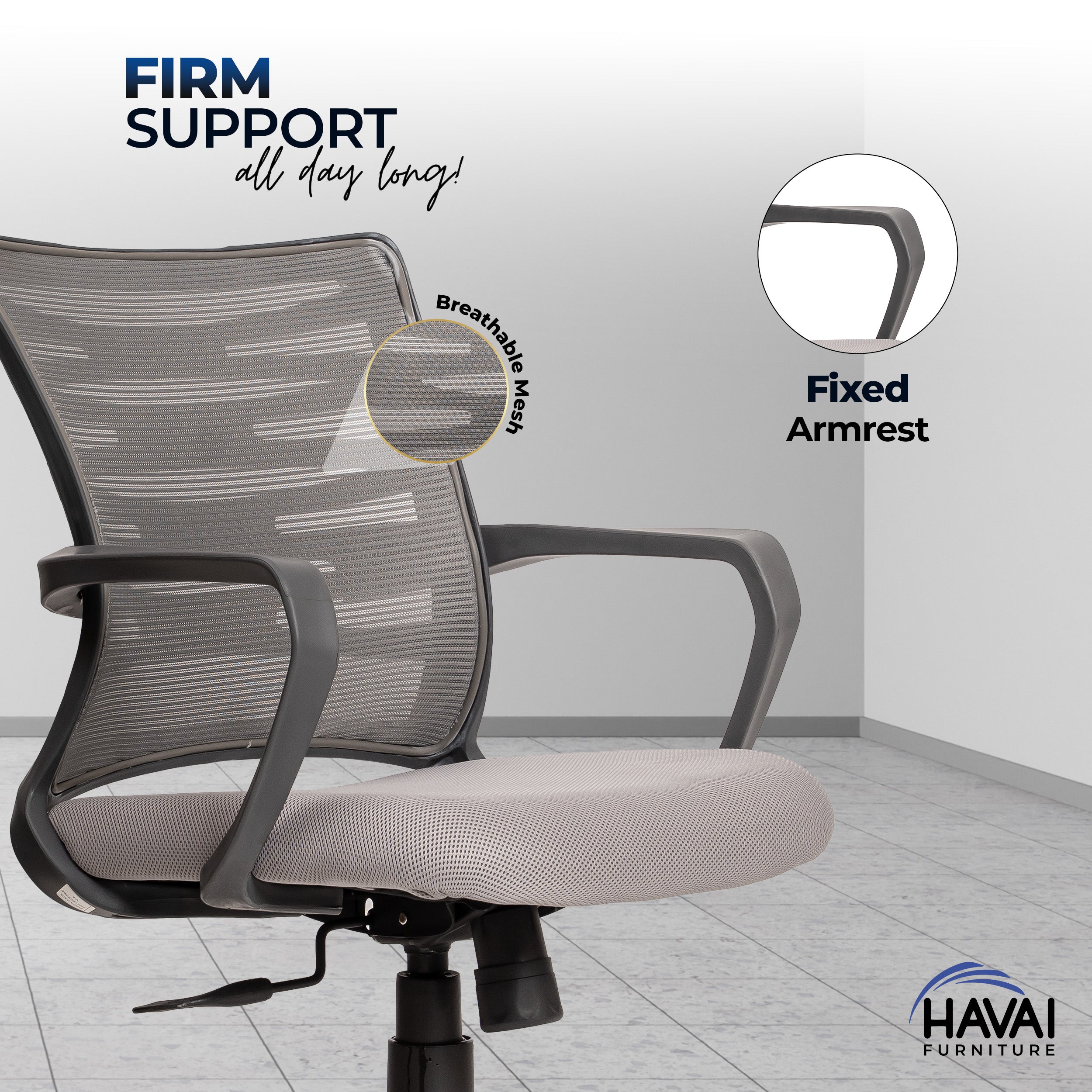HAVAI Navy Grey Low Back Ergonomic Mesh Office Chair | Single Lock Tilt Mechanism | Mild Steel EPC Base | Class 4 Gaslift | Fixed Armrests | 50mm Casters | Breathable Mesh Back