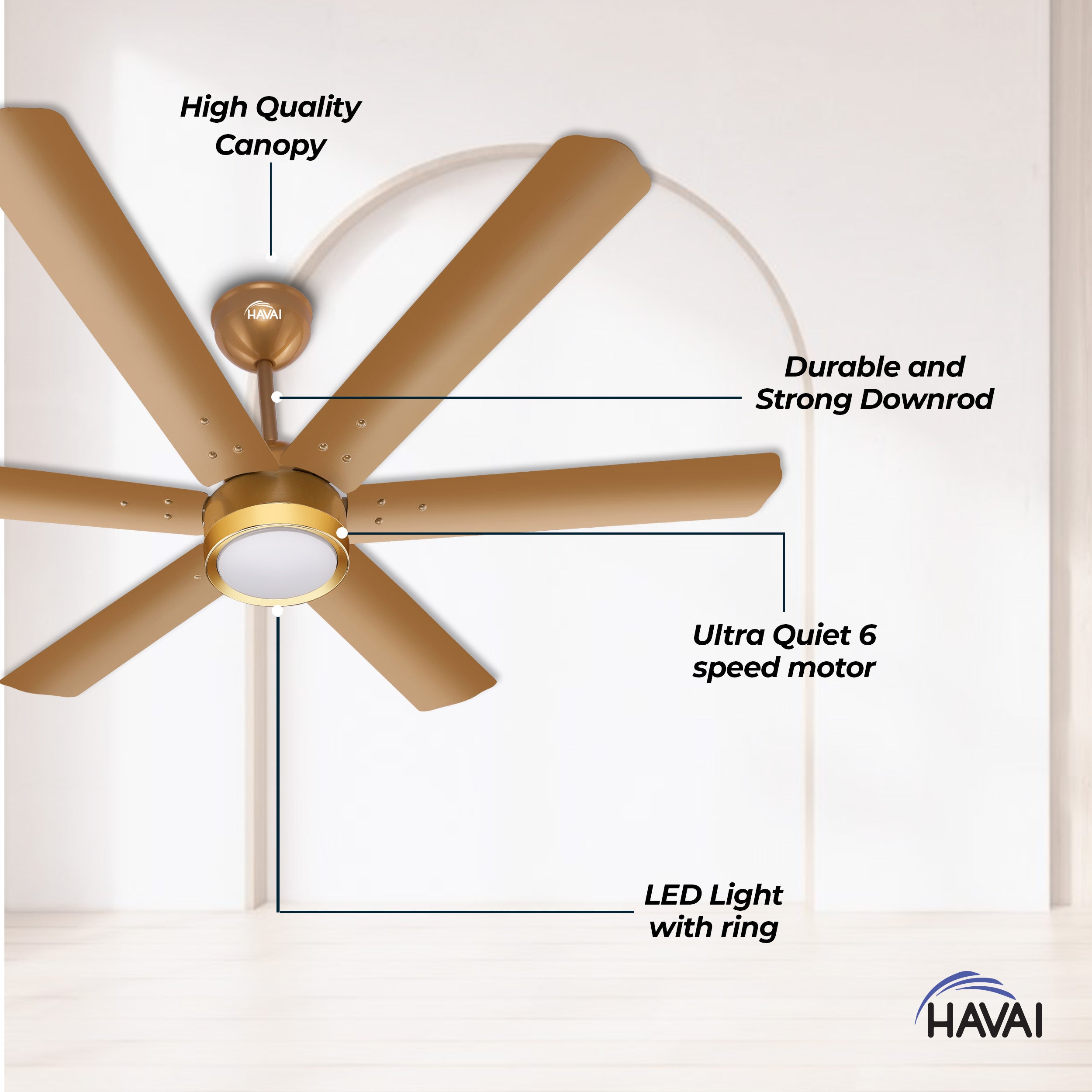 HAVAI Spinel BLDC Ceiling Fan with Decorative Ring | 1200mm, 6 Blades, 25W | Remote Control & 9W LED Light | 2 Years Warranty | Champagne Yellow
