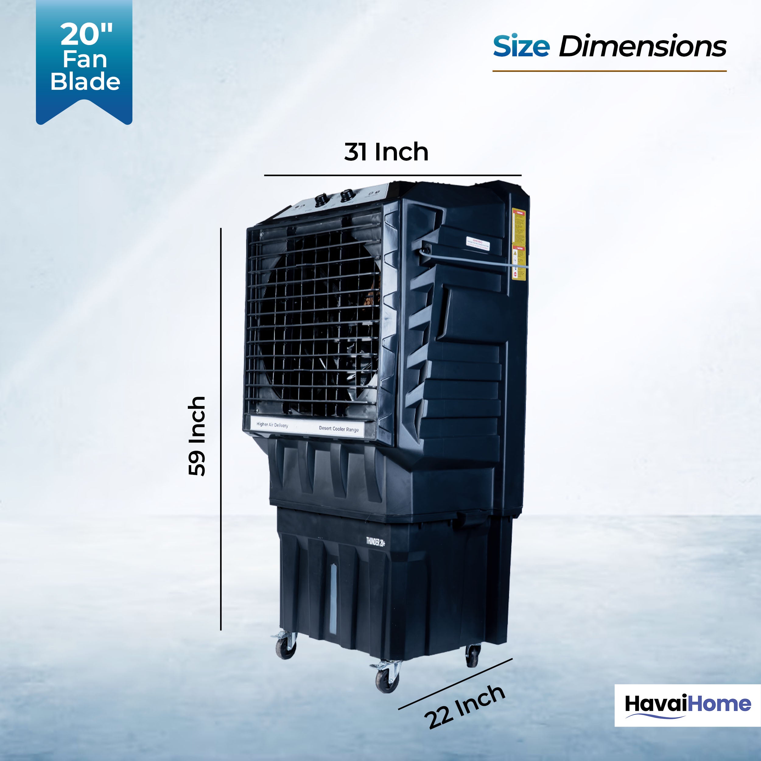 Thunder 20+ Desert Cooler |20 Inch Aluminum Blade |600 Feet Area Coverage|130 Litre Tank Capacity, Lockable Wheels, Auto Swing, Thick Dense Honeycomb, 1 Year Warranty|3 Speed Control