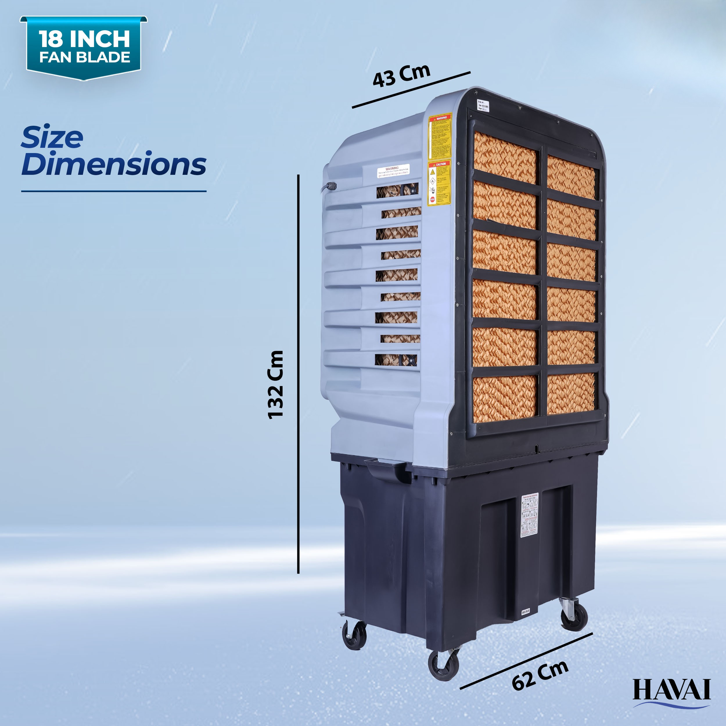 HAVAI Jumbo 18+ Massey Desert Cooler | 150L | 18-Inch Fan | Heavy-Duty 41mm Motor | 3-Side Honeycomb Pads | Auto Swing | Castor Wheels | 230V, 280W | White & Grey