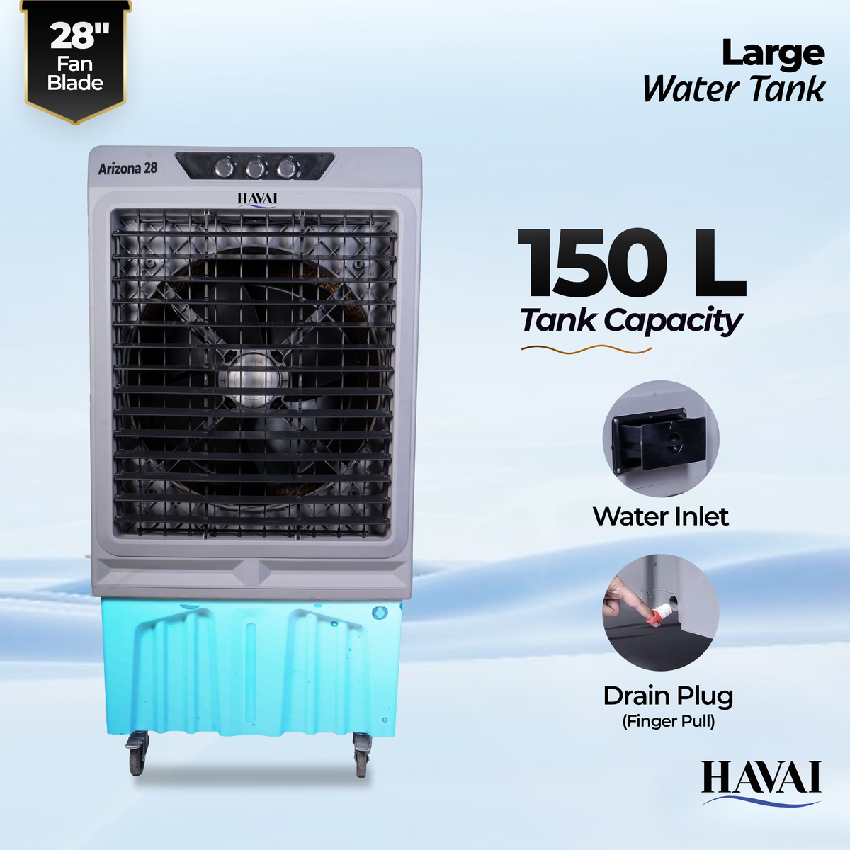 Havai Arizona 28 Industrial & Commercial Air Cooler | 28-Inch Engineered 3-Leaf Blade | 10,000 m³/hr Air Delivery | 150L Tank | 500W Motor | 40 Ft Air Throw | Covers 700 Sq. Ft. | Finger Pull Drain Plug | 1-Year Warranty