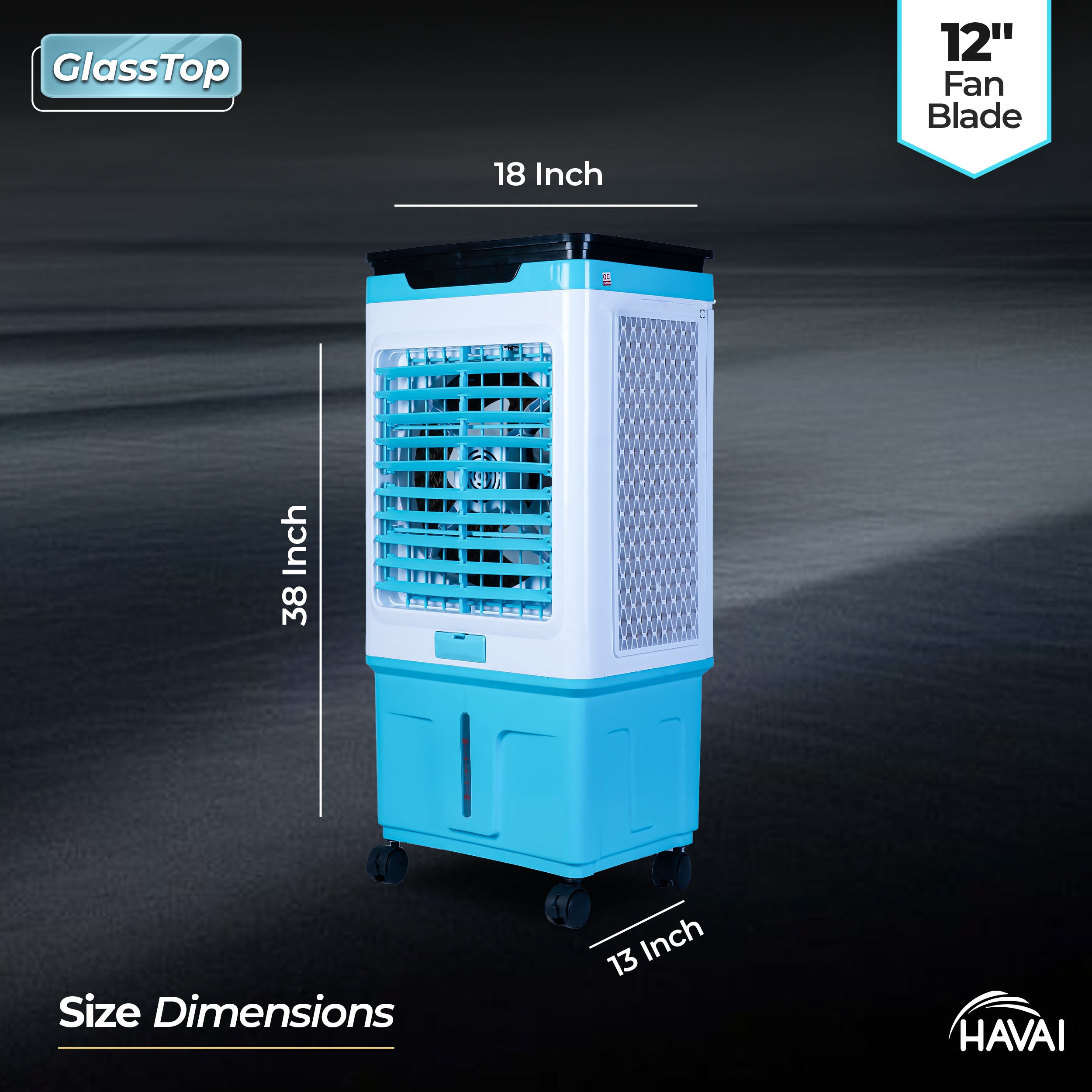 HAVAI Premium Glass Top GT 12 | 12" Fan Blade | 40 Litre Tank Capacity | 160W Power | 15ft Air Throw | 3-Side Honeycomb Cooling | Sleek Glass Top Design | 4 Castor Wheels (BLUE)