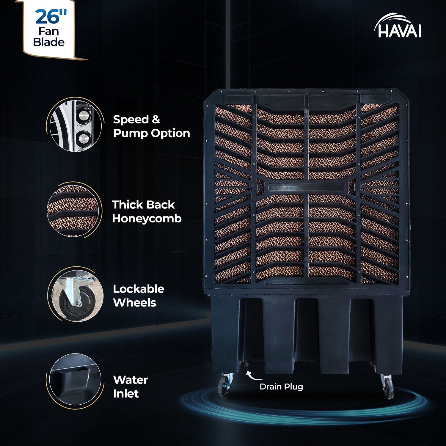HAVAI Cyclone 26 Desert Air Cooler | 26" Fan Blade | 200L Tank Capacity | 440W High-Performance Cooling | 750 Sq. Ft. Coverage | Auto Swing | Three Side Honeycomb Pads | Lockable Wheels | Black
