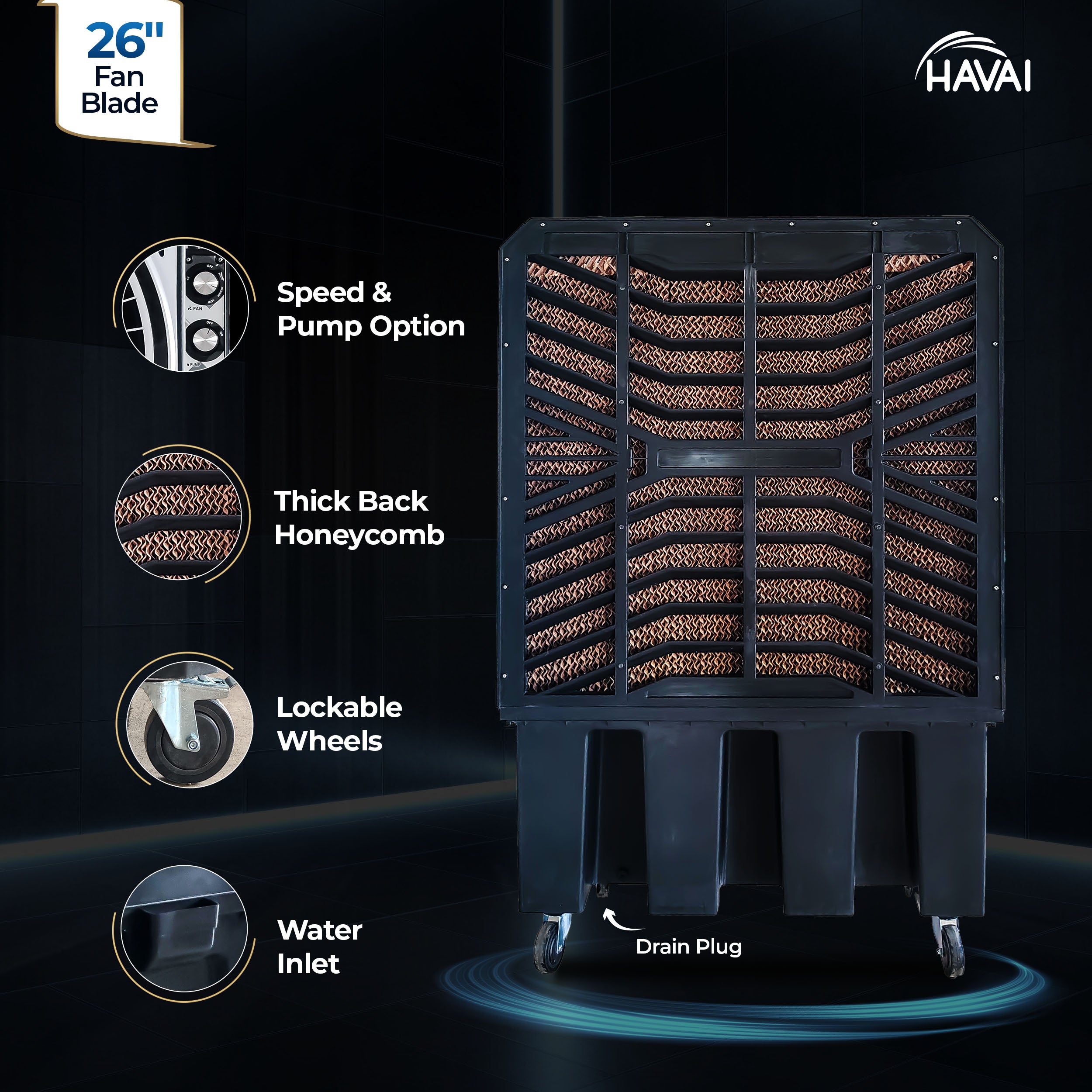 HAVAI Cyclone 26 Desert Air Cooler | 26" Fan Blade | 200L Tank Capacity | 440W High-Performance Cooling | 750 Sq. Ft. Coverage | Auto Swing | Three Side Honeycomb Pads | Lockable Wheels | Black