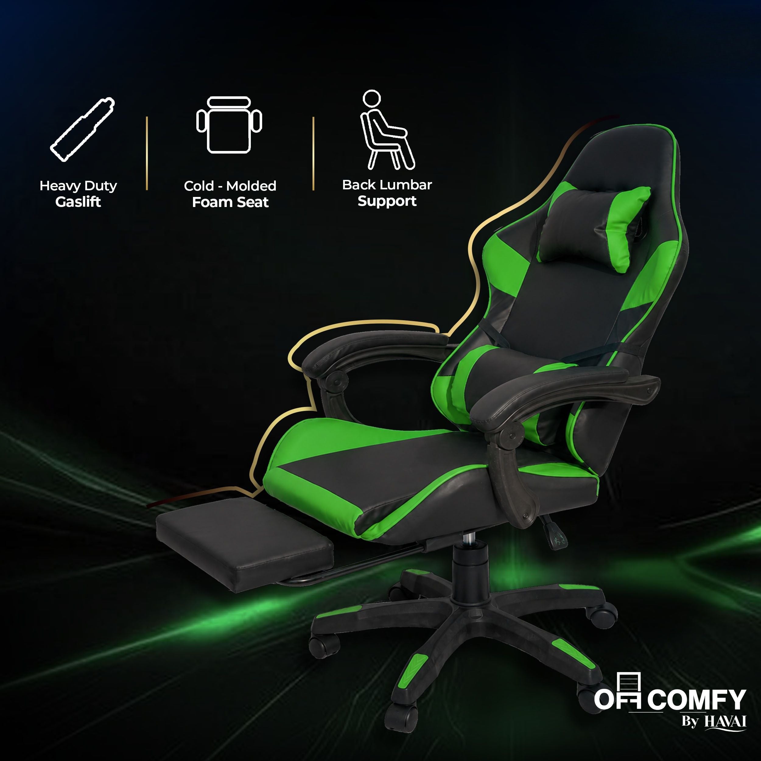 HAVAI Vortex GREEN Gaming Chair | Ergonomic High Back Computer Chair with Linkage Armrests | Reclining & Folding Backrest | Premium 0.55mm PVC Upholstery | High Density Foam Cushion | Class 1 Gas Lift | 320mm Nylon Base | (Green & Black)