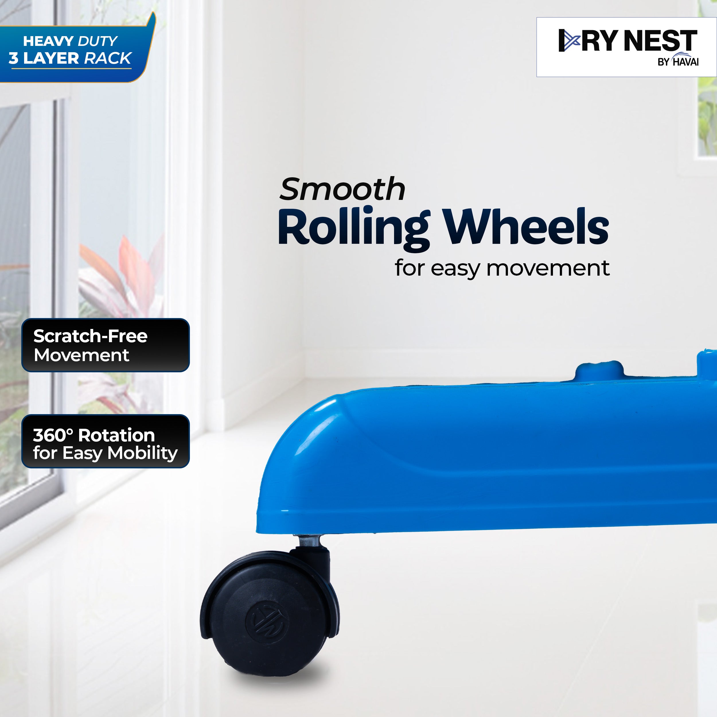 DryNest By HAVAI – Premium Clothes Drying Stand with Wheels | 3-Layer Jumbo Rack | Foldable Wings | 24 Hanger Rods | Anti-Rust Steel | Balcony-Friendly | Portable & Heavy-Duty